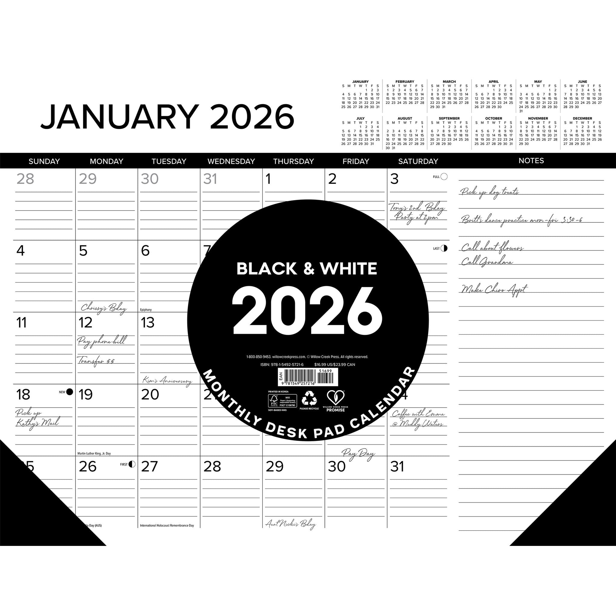 Black and white cover sheet for desk pad with lined grids for dates. Large black circle stating Black and White 2026