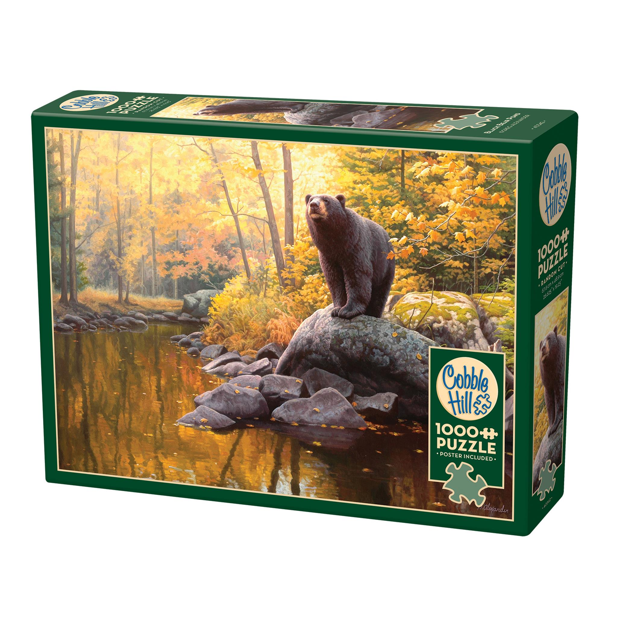 A big black bear perched on a rock over looking a still pond. Background is a yellow and orange fall bush setting.