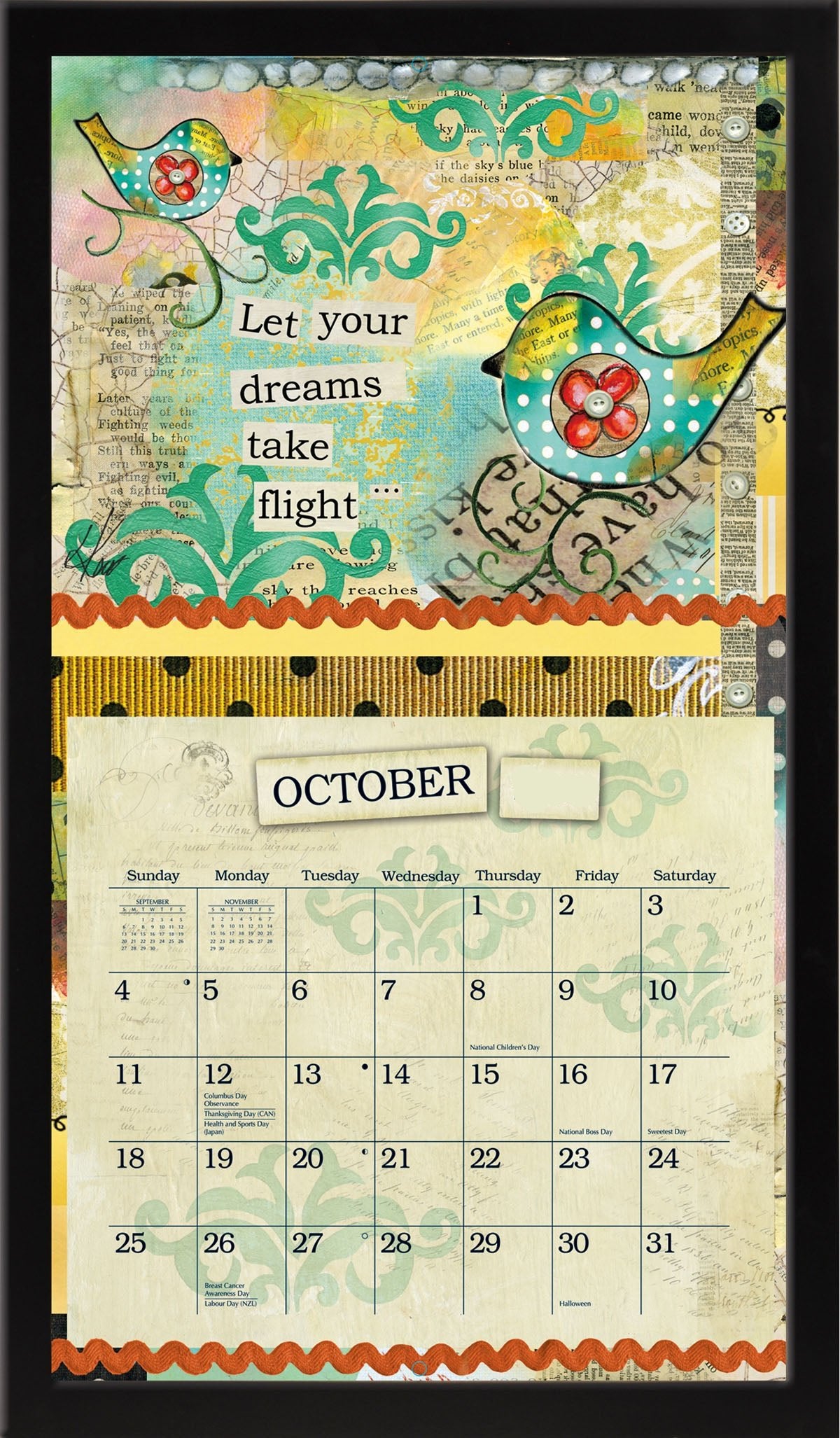A decorative wooden calendar frame for October, featuring a floral pattern and inspirational quote, with a pocket for hanging a wall calendar.