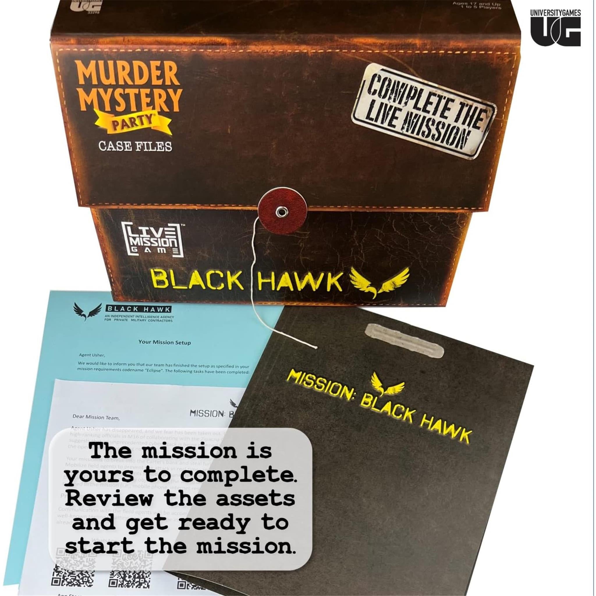 Product image for Black Hawk Live Mission Case Files, showing a box with 'Murder Mystery Live' text and 'Complete the Live Mission' tagline, along with mission cards and a smartphone, indicating interactive gameplay.