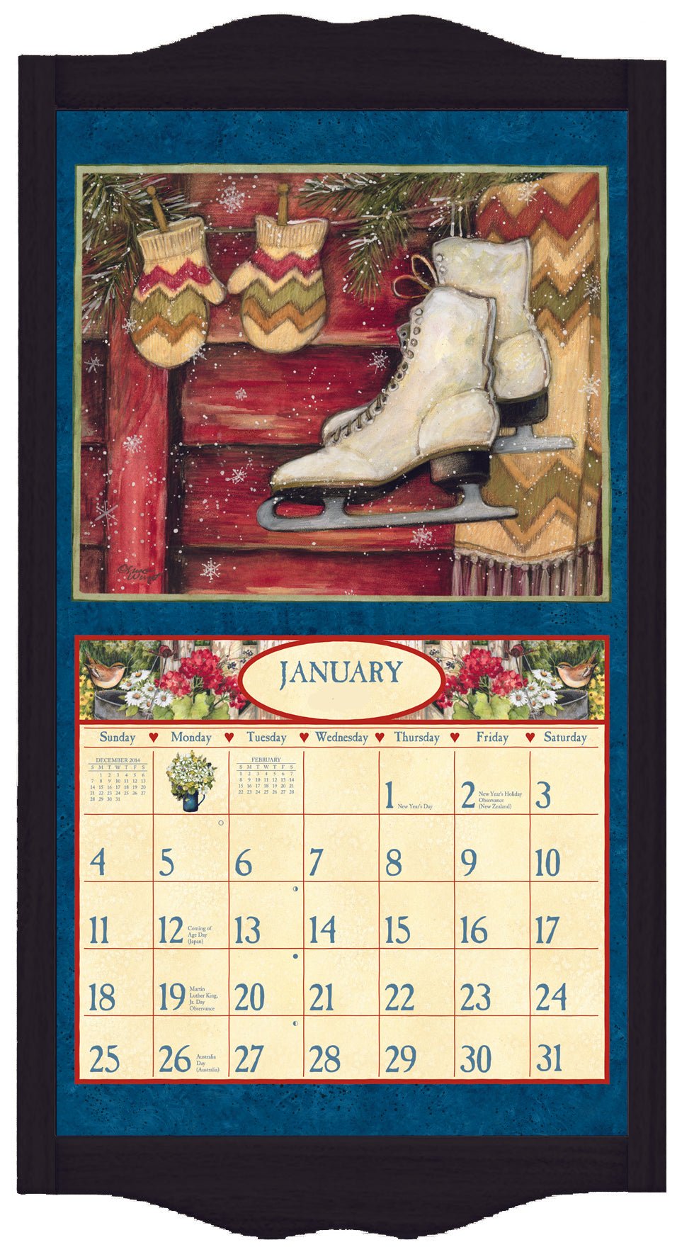 A black wooden calendar frame featuring a January page with a decorative design including ice skates and holiday motifs. Calendar not included