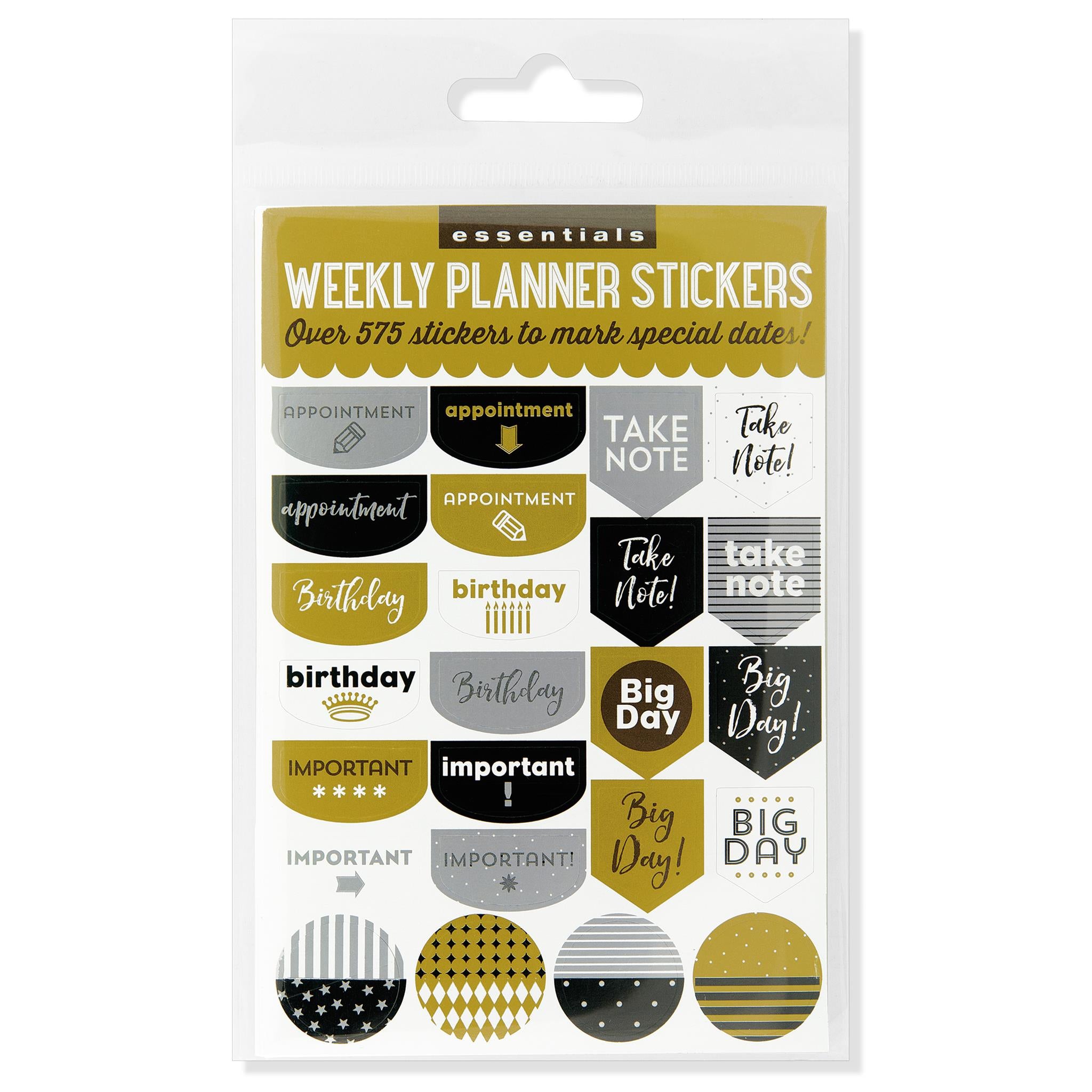 A package of 'Black and Gold Essentials Planner Stickers' containing over 575 stickers with various text labels such as 'Birthday', 'Important', 'Take Note', and decorative designs like stars and hearts, intended for use in a planner or journal.