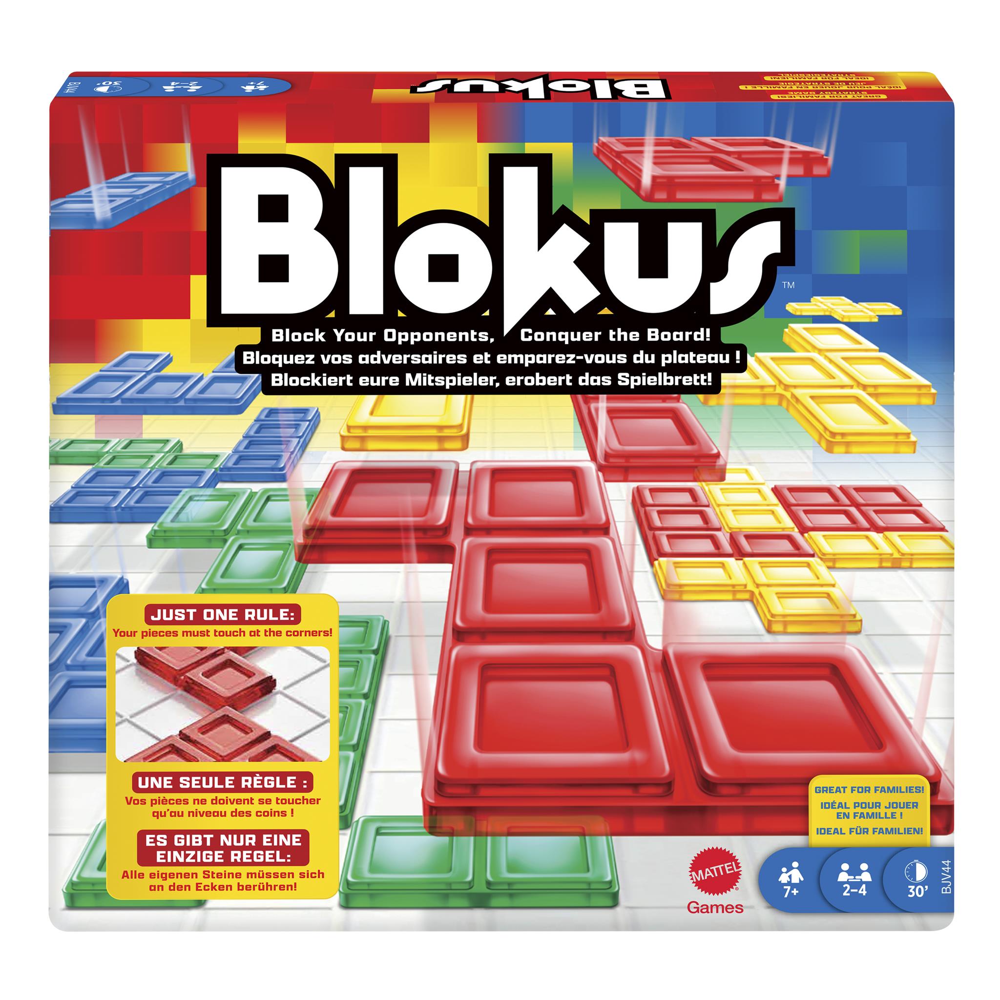Board game Blokus with game pieces displayed on the cover, which includes red, blue, green, and yellow blocks on a multicolored grid board.