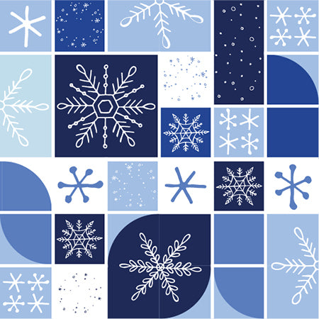 Collage styled blue squares with snowflake motifs