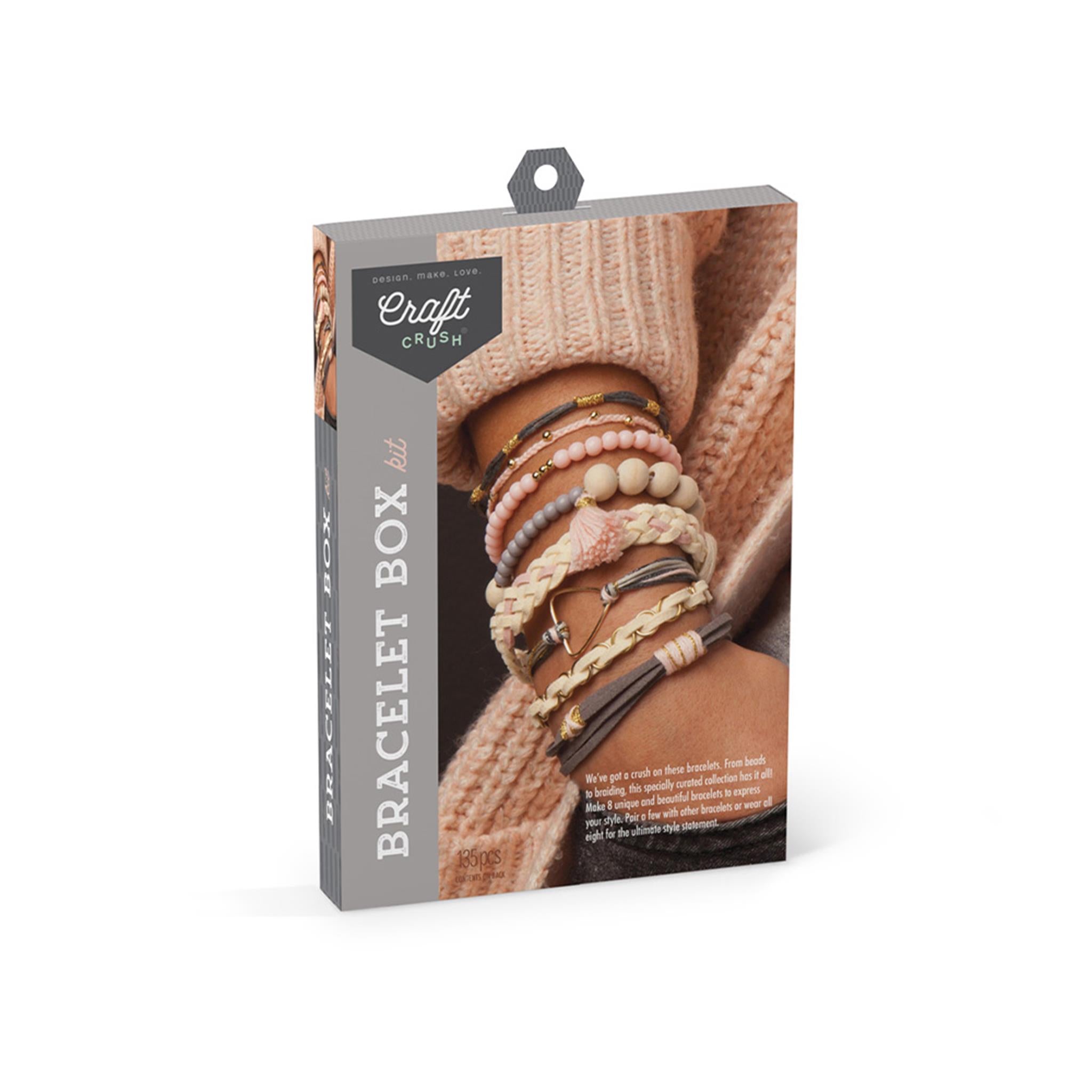 Packaging for the Blush Craft Crush Bracelet Box, showing the box with finished bracelets on the cover, indicating that it includes a variety of beads and braiding materials for crafting.