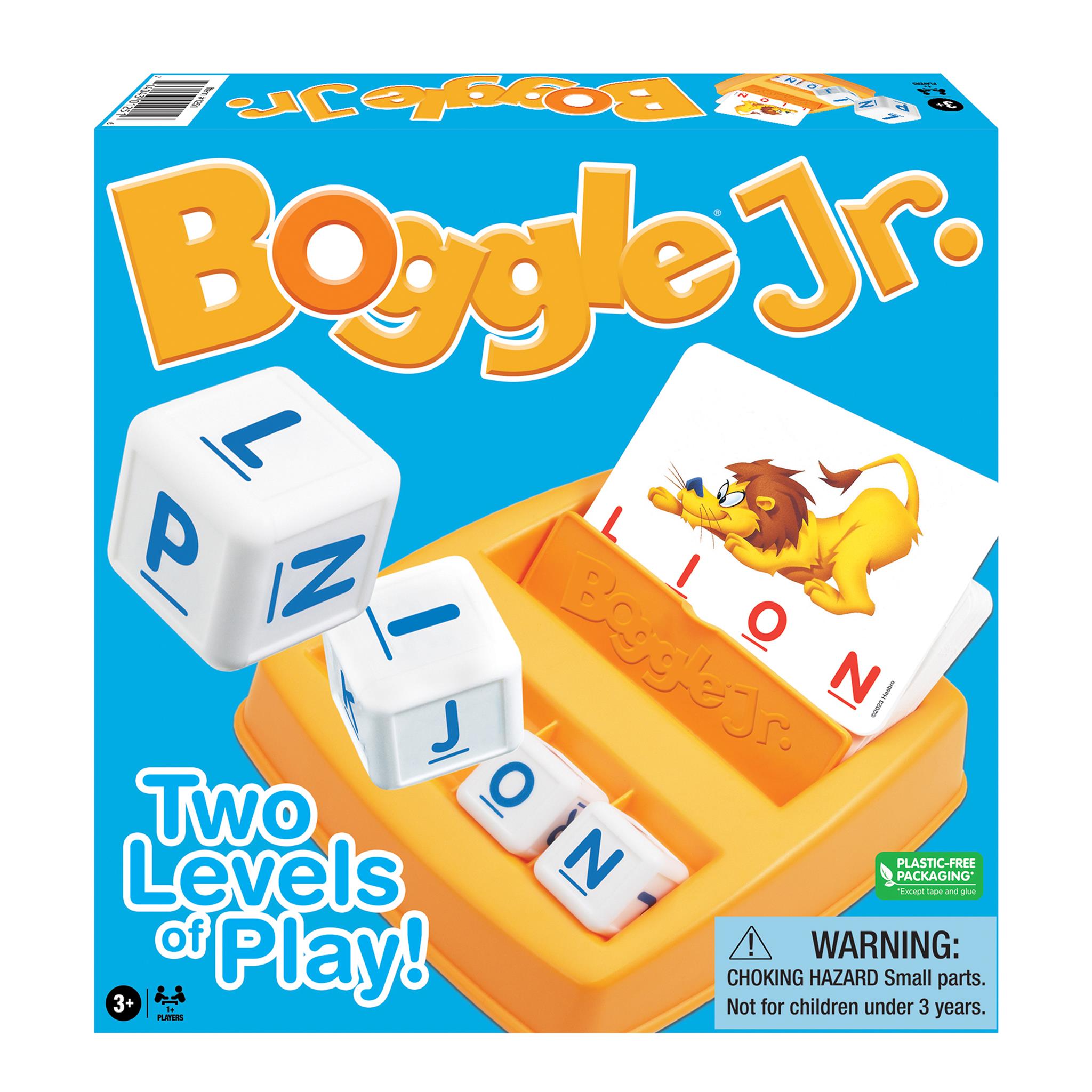 The image shows the Boggle Jr. board game packaging.