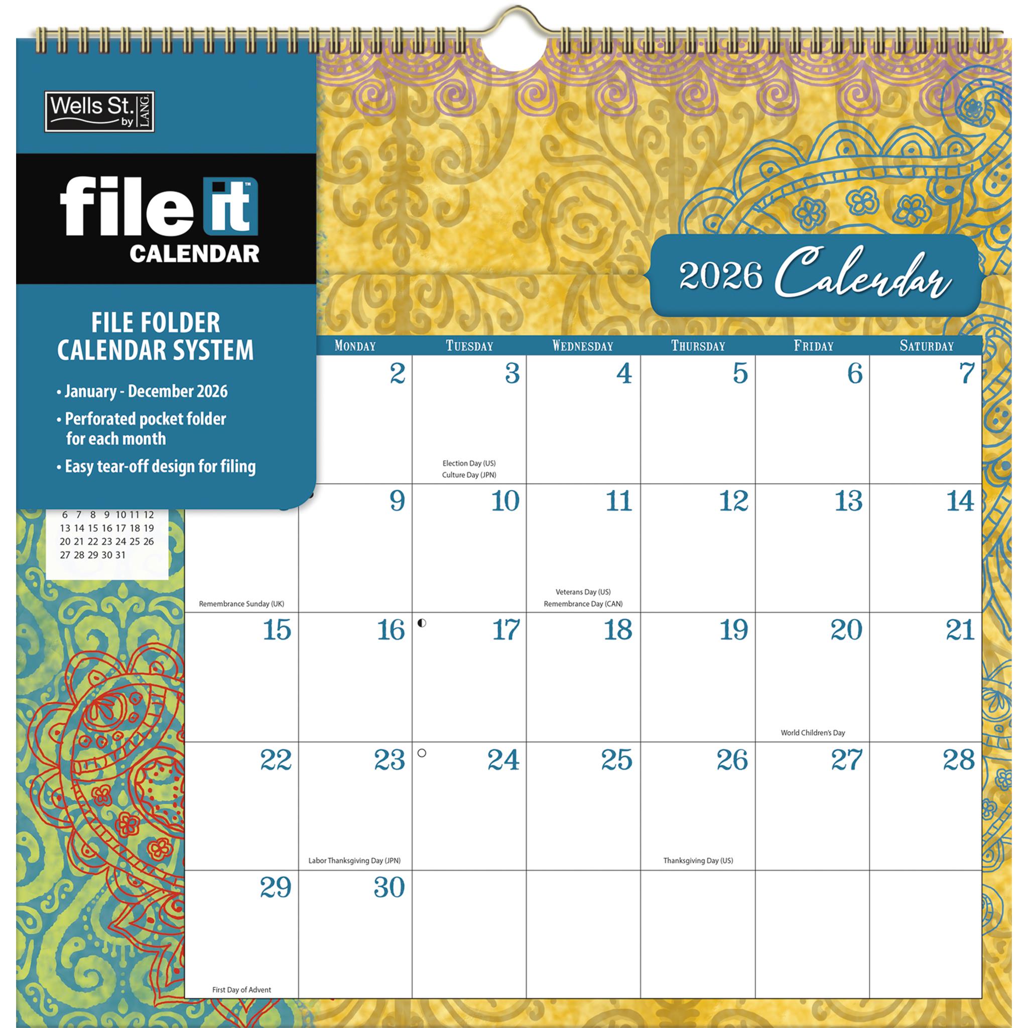 Wells St by Lang File It Calendar cover depicting a 2026 wall calendar with built in file pockets for the year