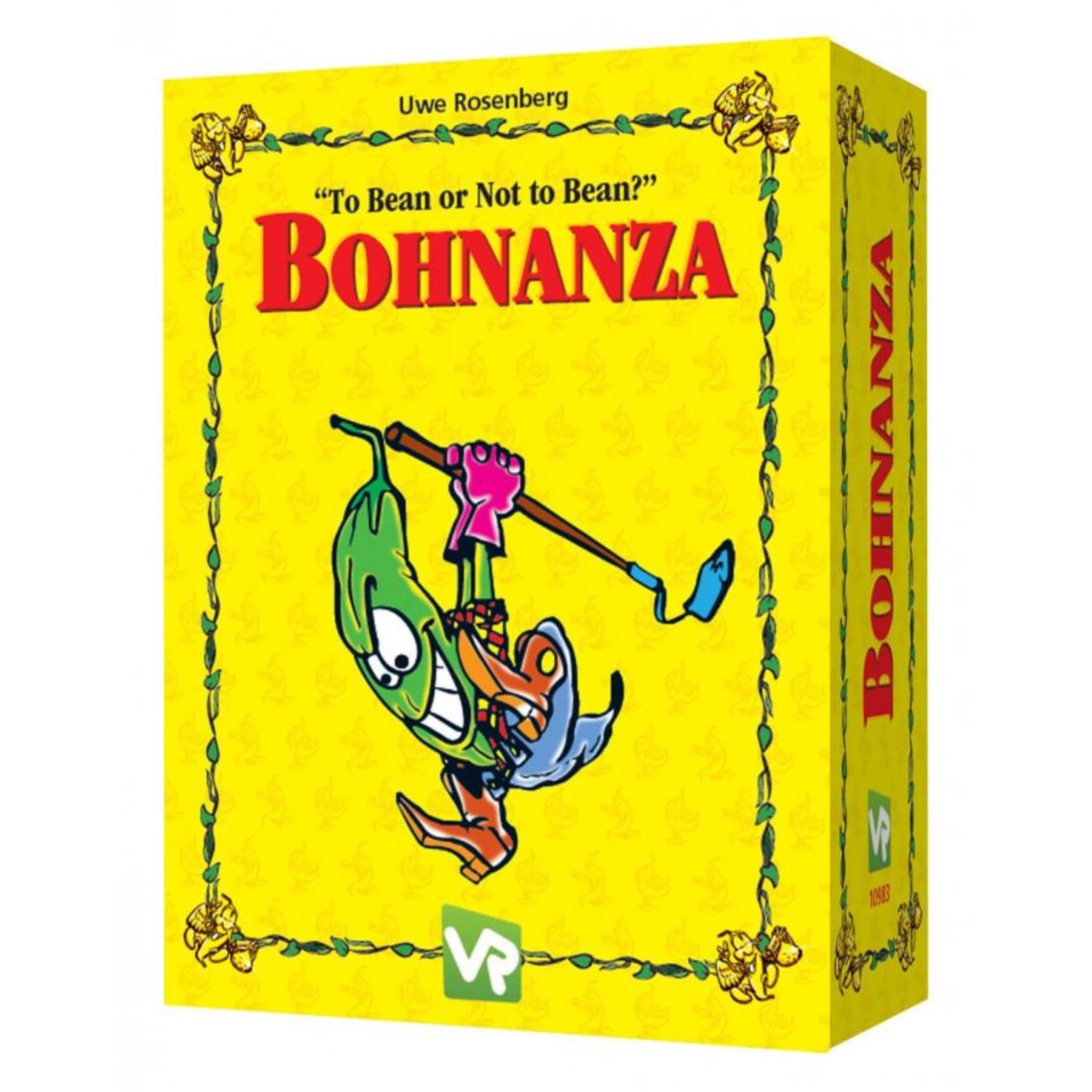 A board game box cover for 'Bohnanza' featuring a cartoon bean character with a pickaxe, set against a yellow background with ornate patterns.