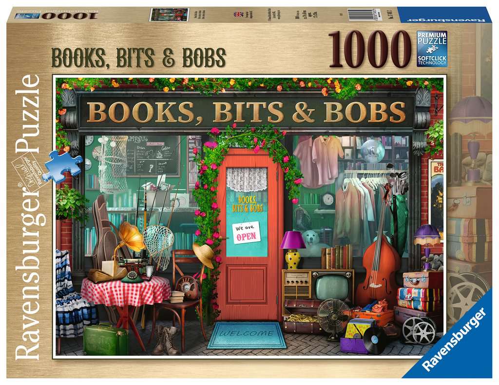 A 1000-piece jigsaw puzzle depicting a thrift store scene with various items displayed and a sign reading 'Books, Bits & Bobs'.
