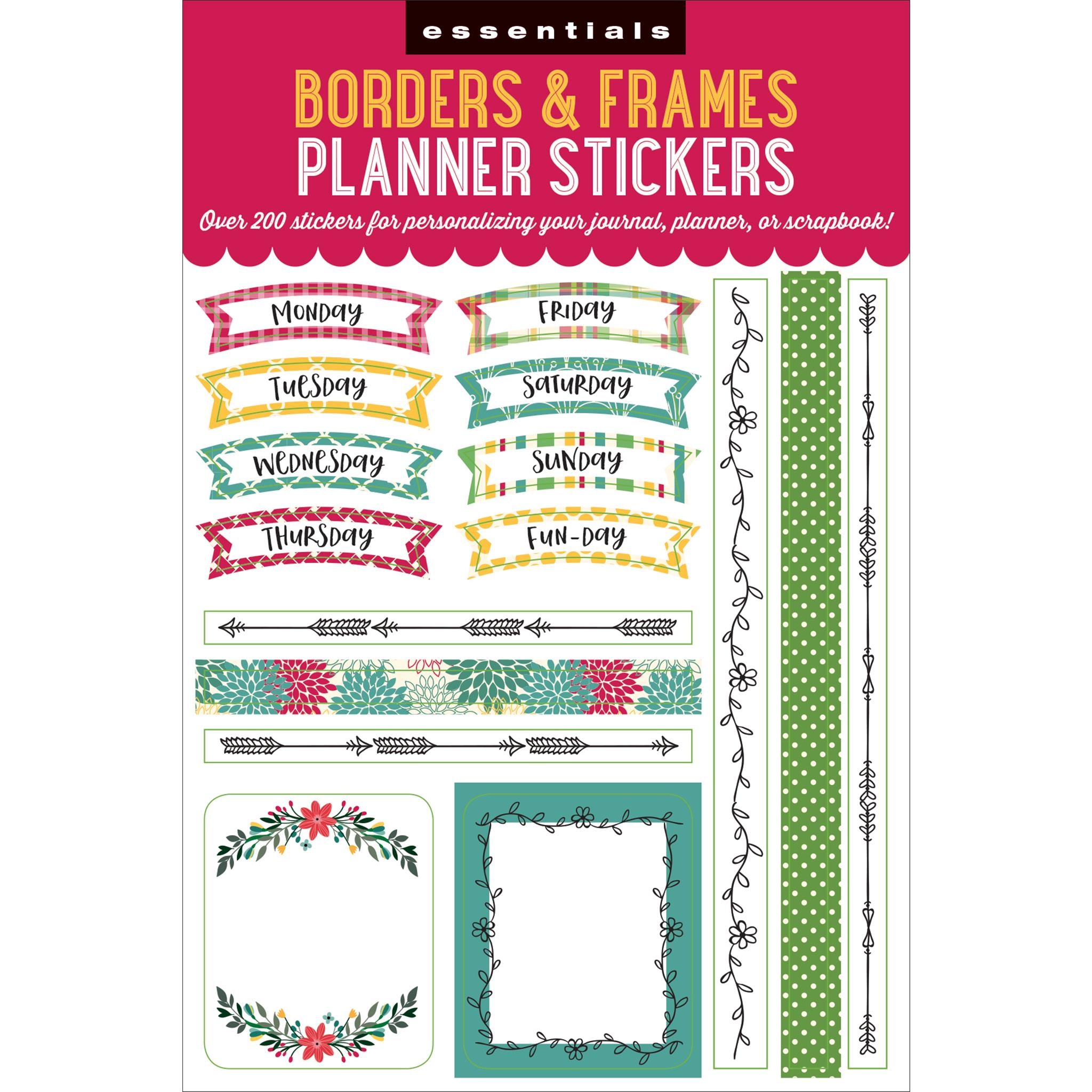 A package of Borders & Frames Planner Stickers featuring over 190 decorative stickers in various shapes and colors, including borders, frames, and inspirational phrases, intended for use in journals, planners, or scrapbooks.