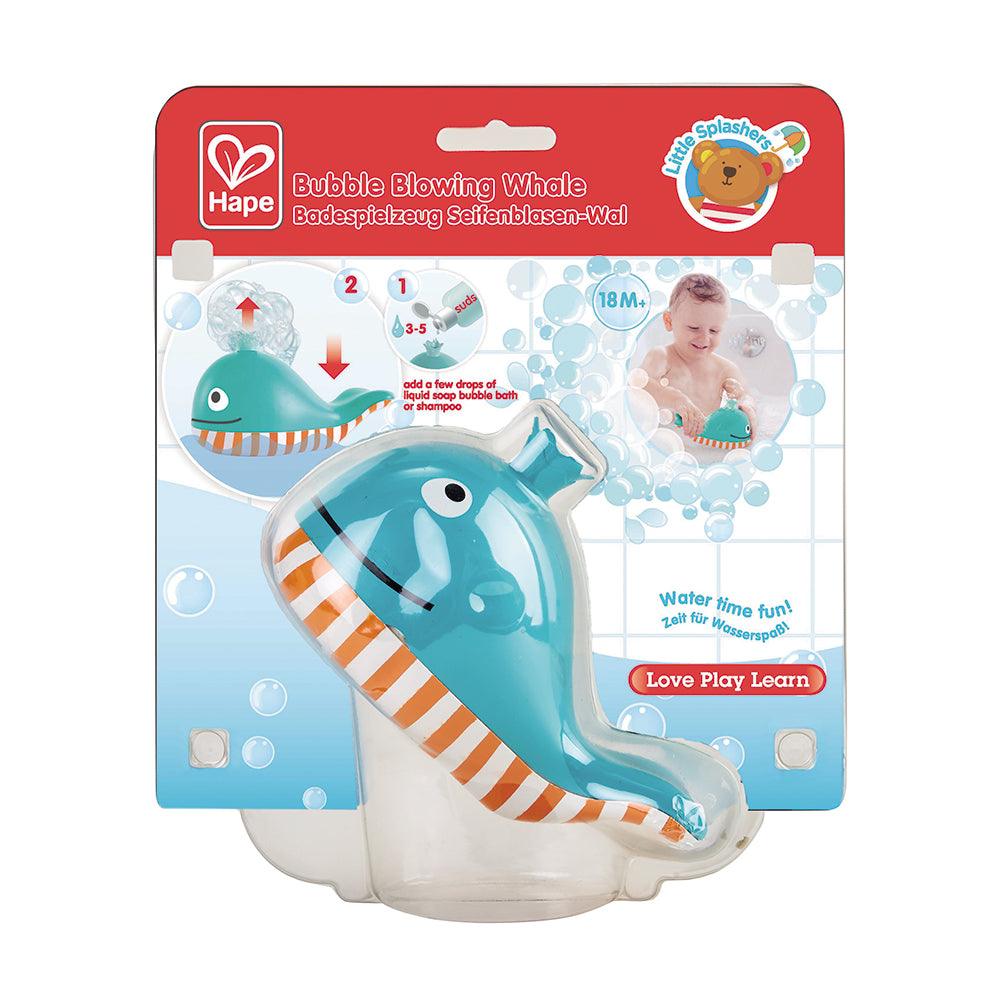 A plastic bubble blowing whale toy in blue color with white and orange stripes, packaged with a red and blue design bubble bath product.