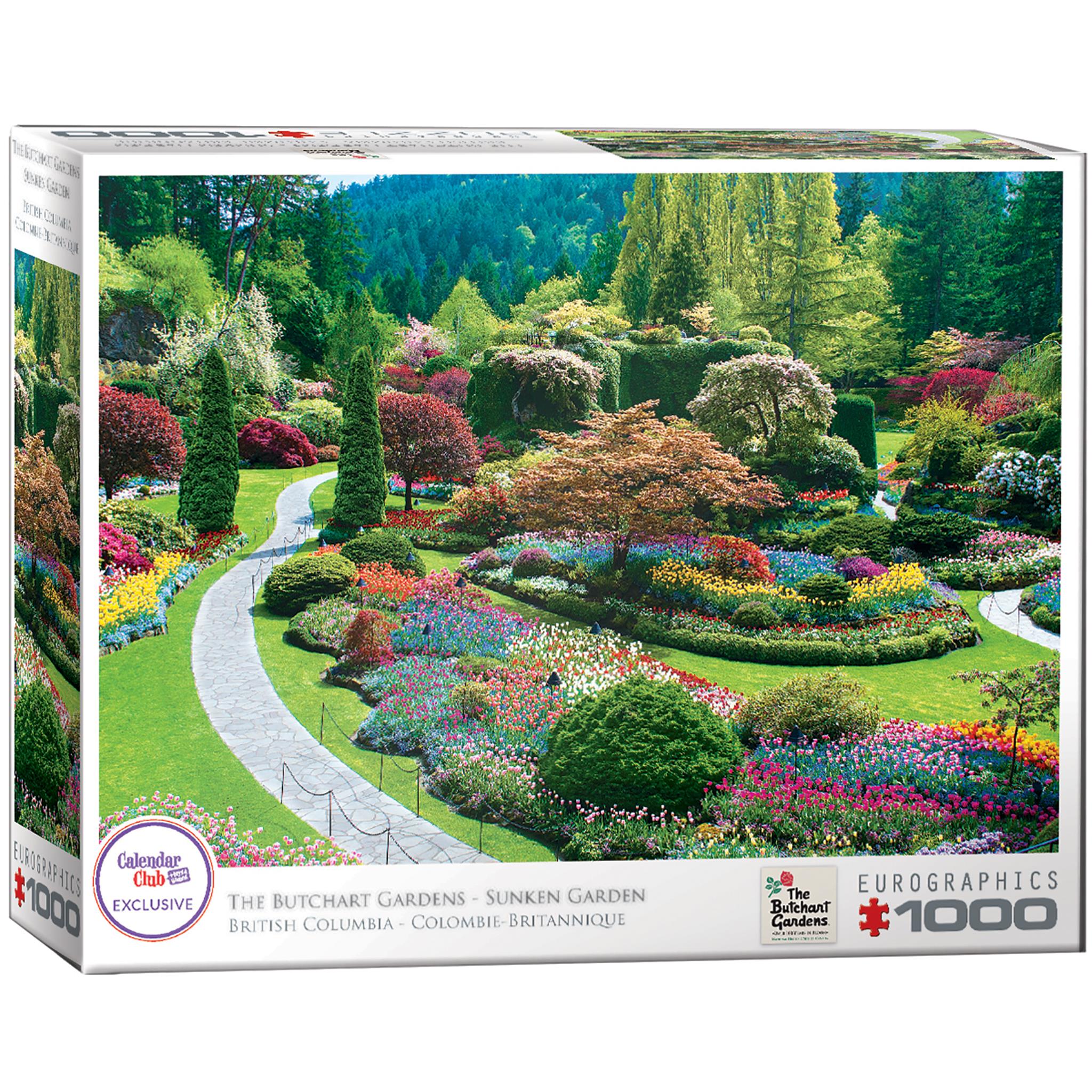 A 1000-piece jigsaw puzzle box featuring a vibrant image of The Butchart Gardens Sunken Garden in Victoria, British Columbia, Canada.