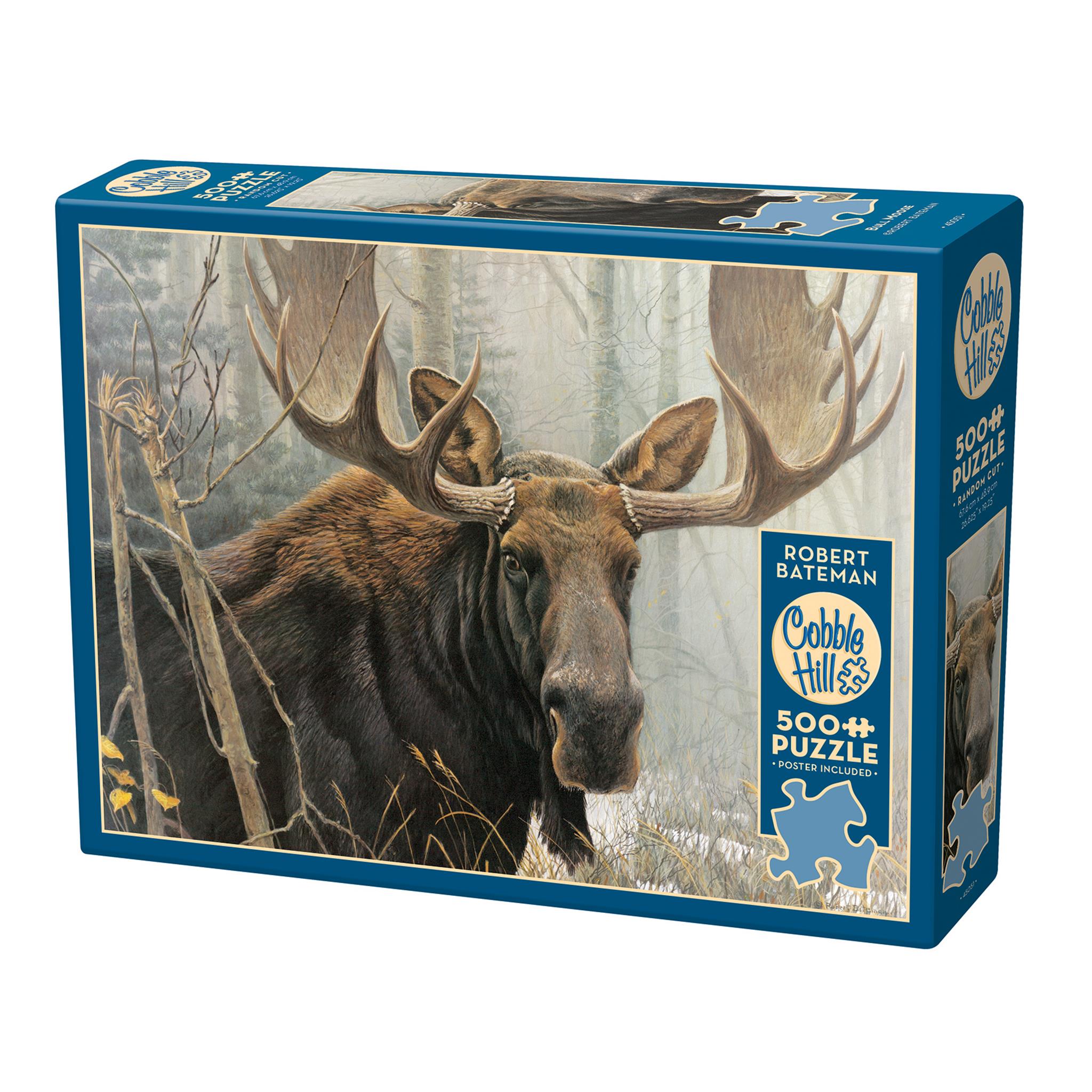A 500 piece Cobble Hill jigsaw puzzle box featuring a detailed image of a bull moose in a natural setting.