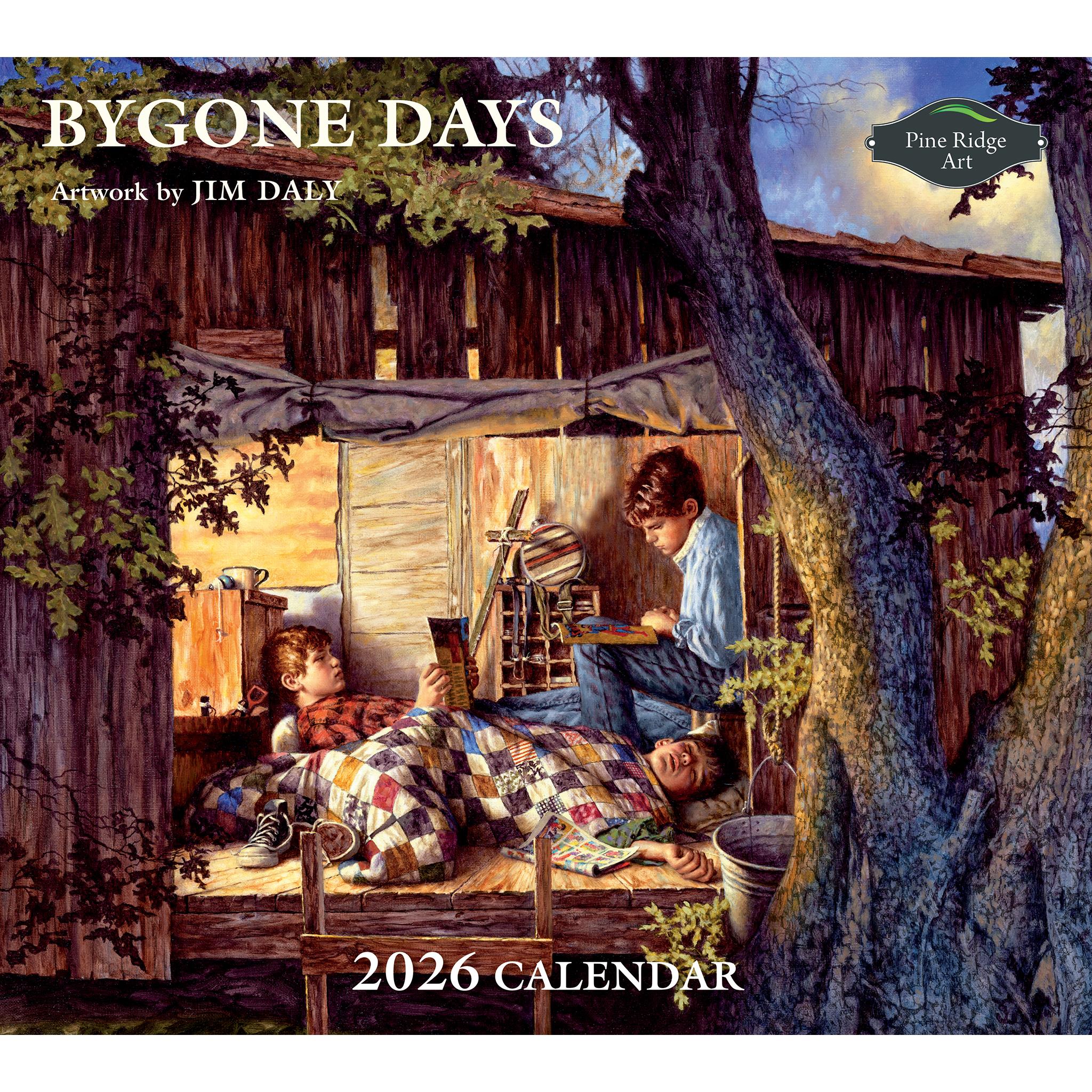 Wall calendar with art work from Jim Daly. Cover image of three young boys in there treehouse at dusk