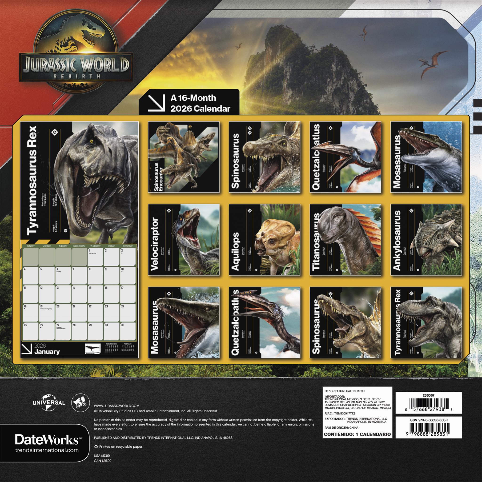 Jurassic World Wall 4 2026 Calendar