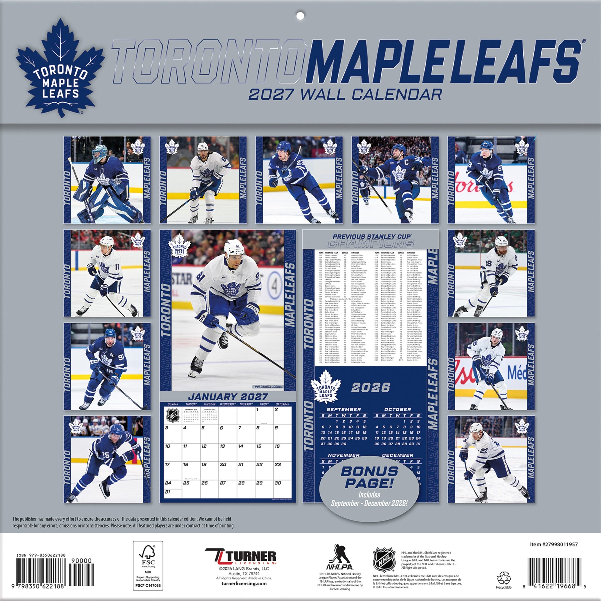 NHL Toronto Maple Leafs 2027 Wall Calendar