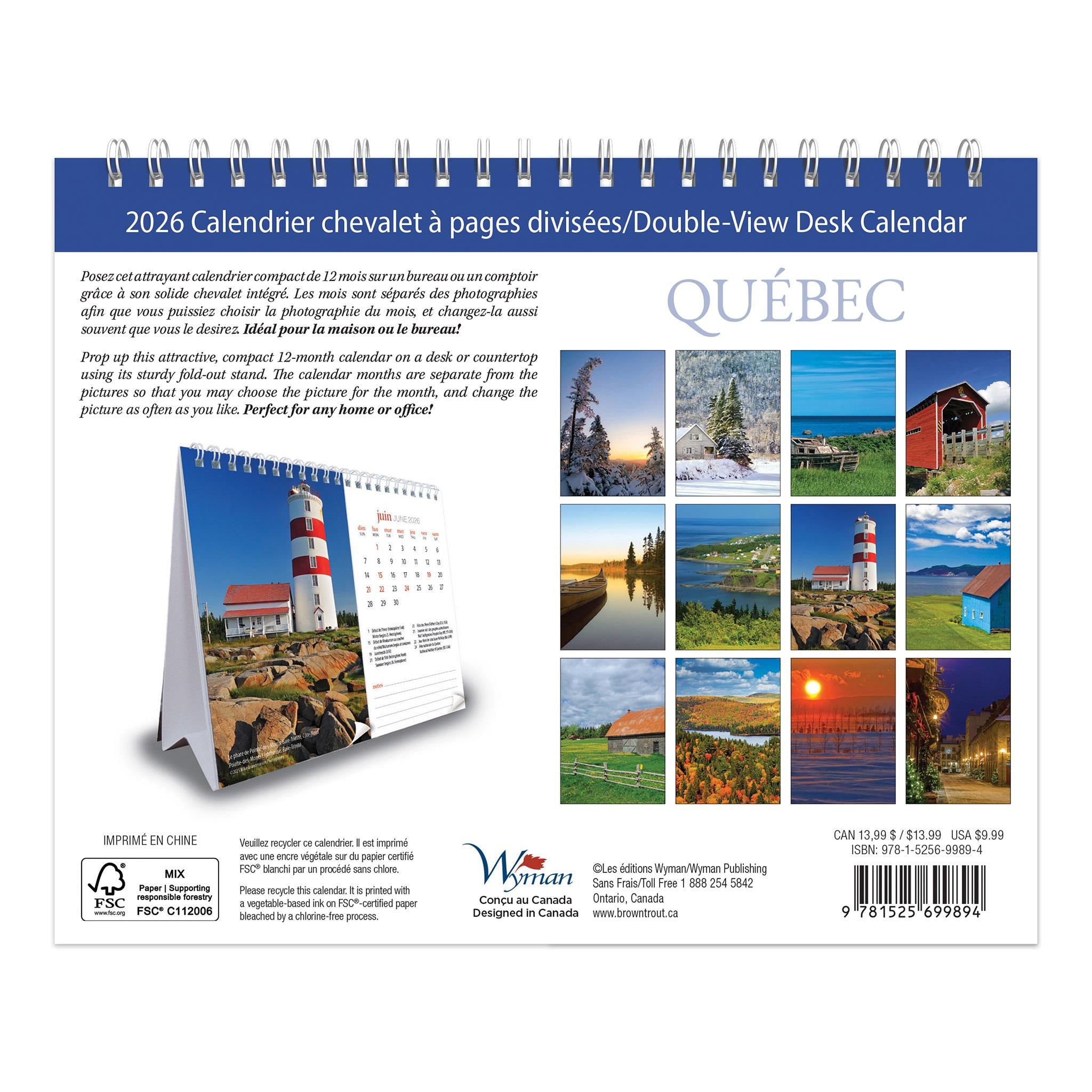 Quebec 2026 Double View Easel Calendar (French)