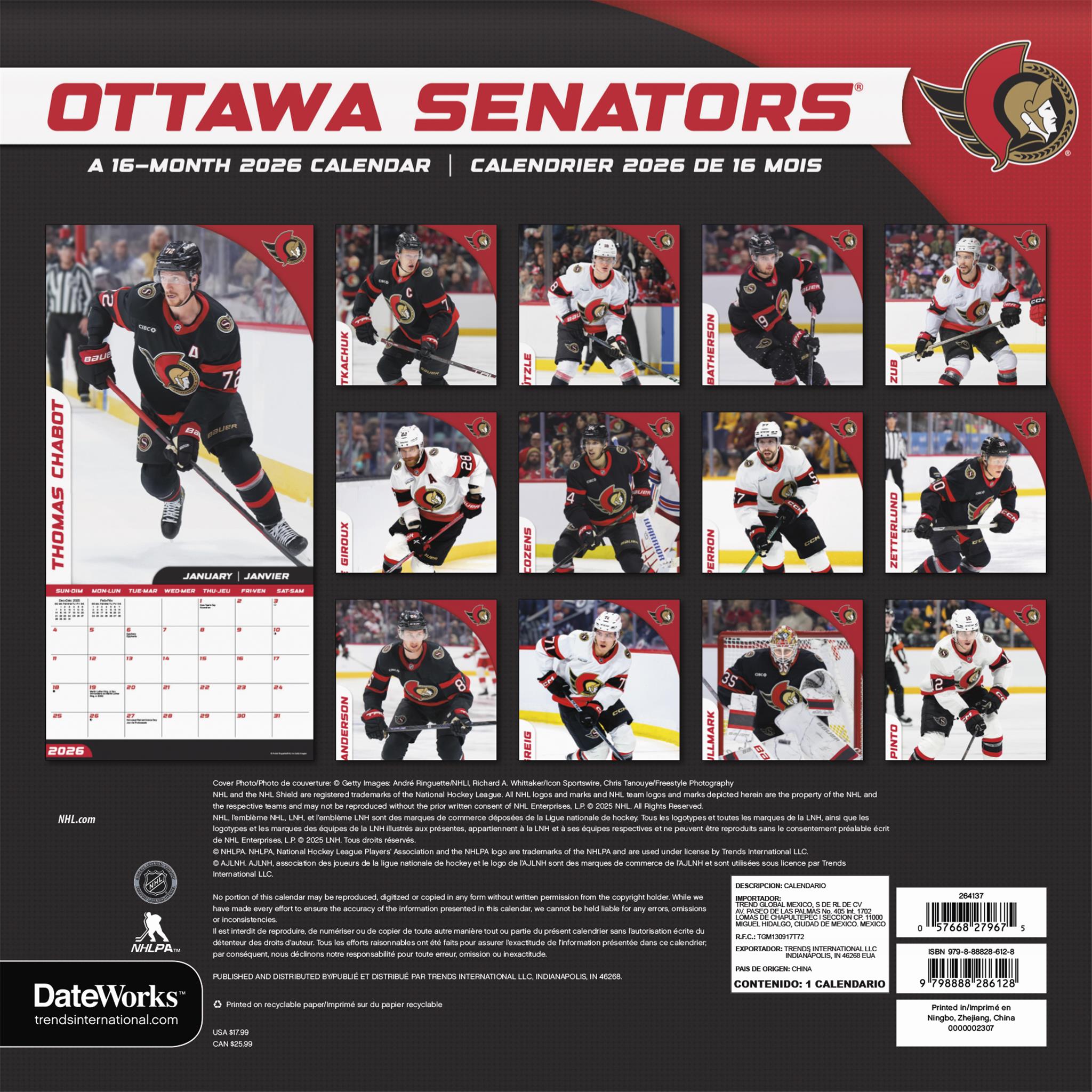 NHL Ottawa Senators Bilingual 2026 Wall Calendar