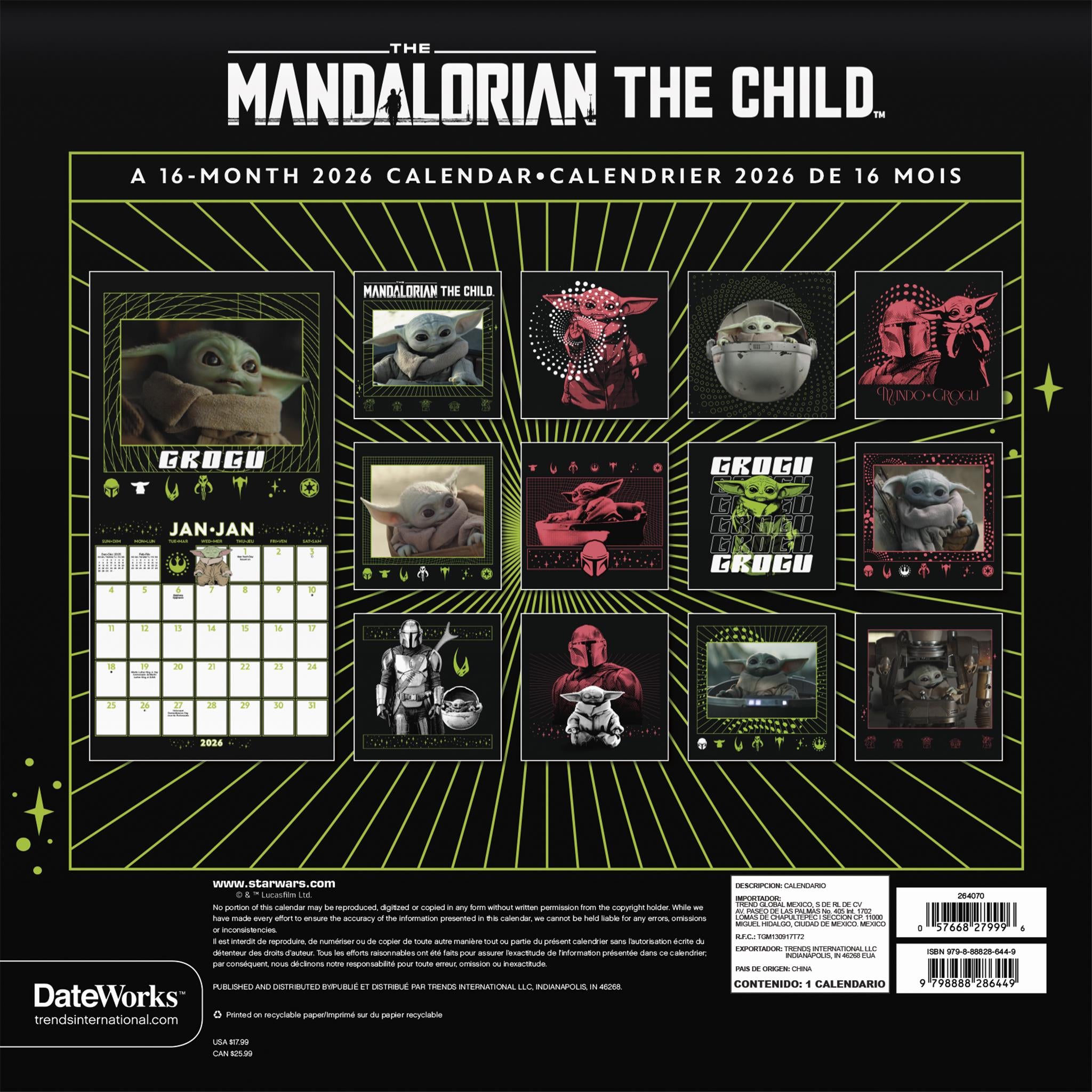 Star Wars Mandalorian Grogu Bilingual 2026 Wall Calendar