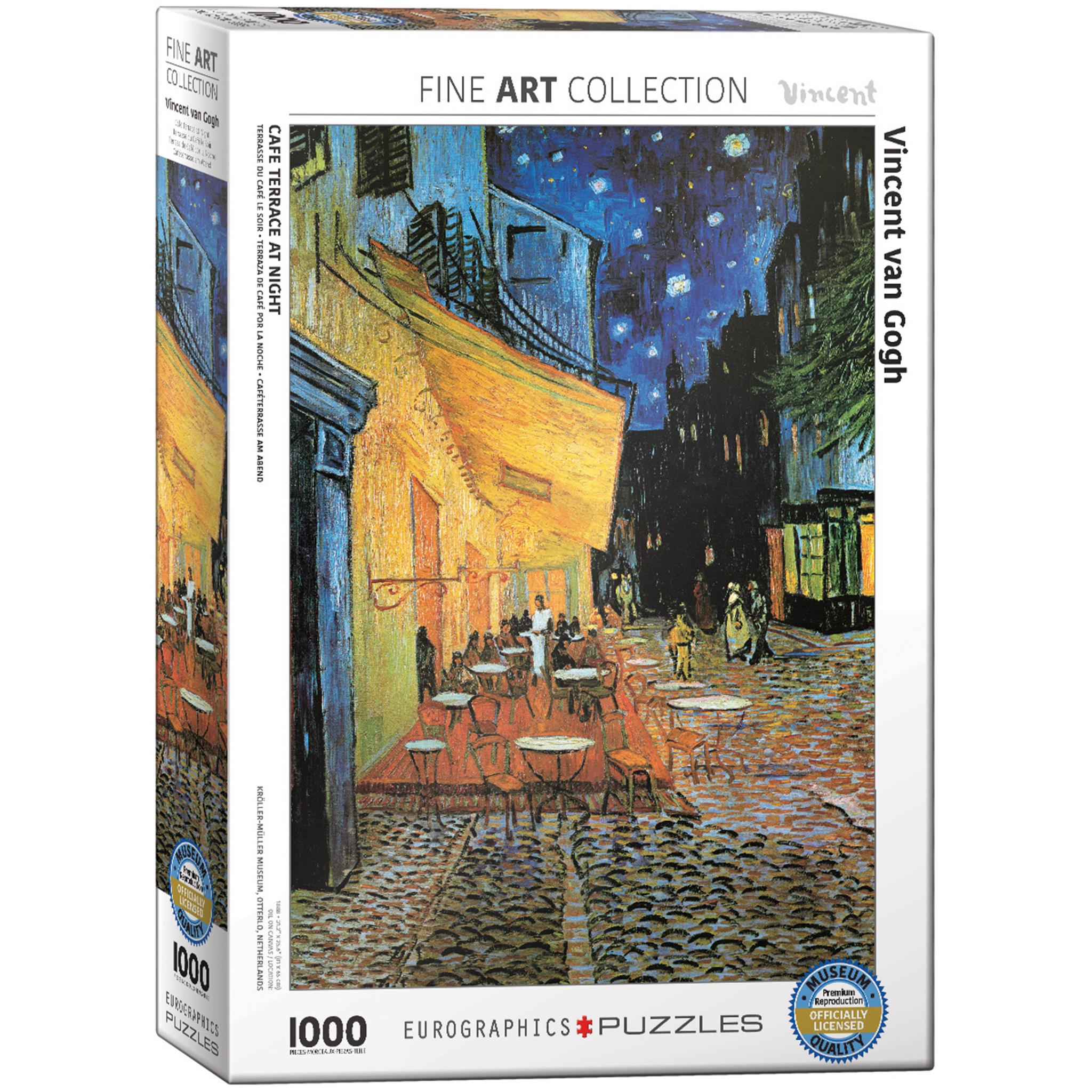 A 1000-piece jigsaw puzzle box featuring 'Café Terrace at Night' by Vincent van Gogh, with a depiction of a cafe under a starry sky.