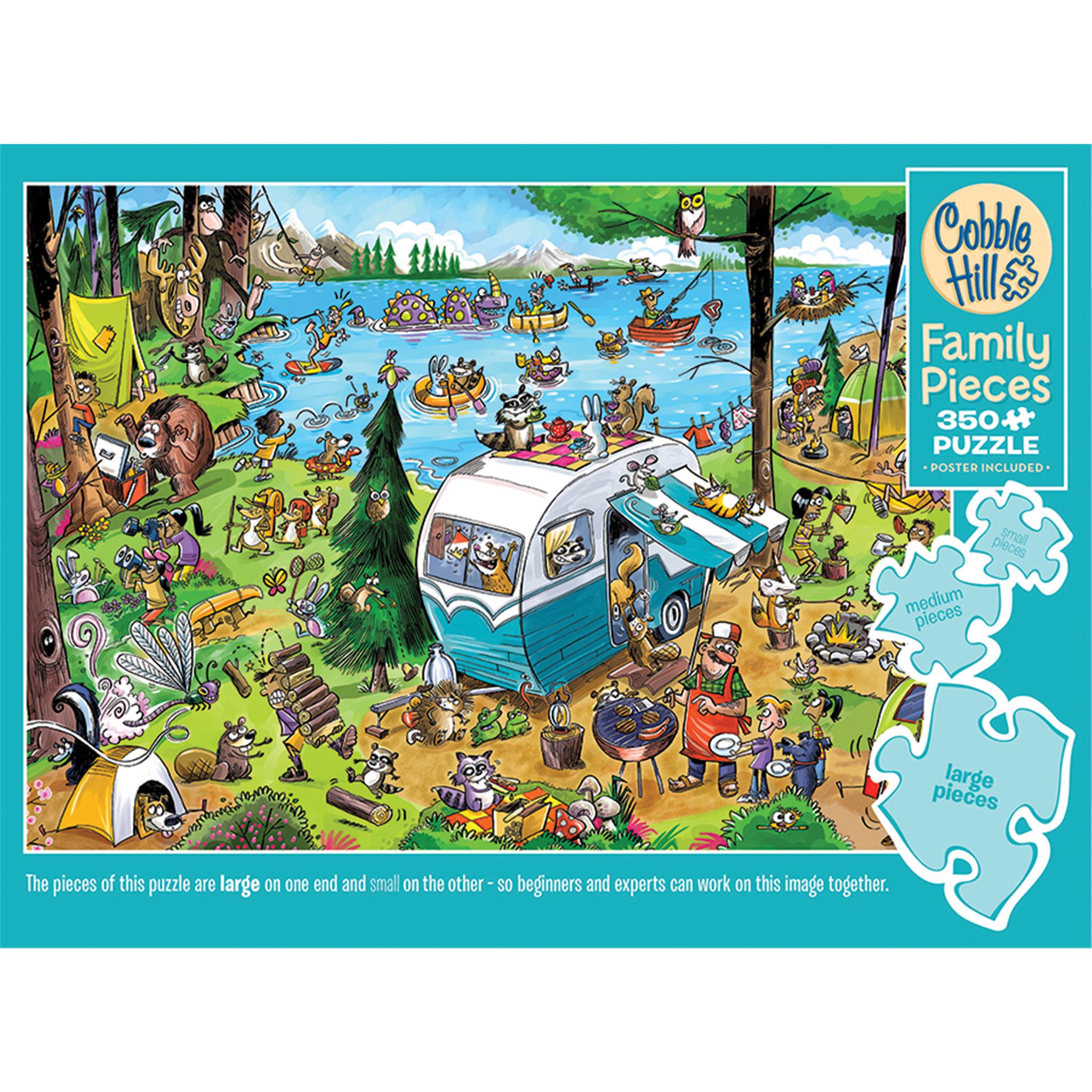 A puzzle box featuring a colorful cartoon illustration of various characters and animals in a camping scene, with a camper, trees, and a lake. The puzzle pieces are depicted on the sides with different characters from the cartoon.