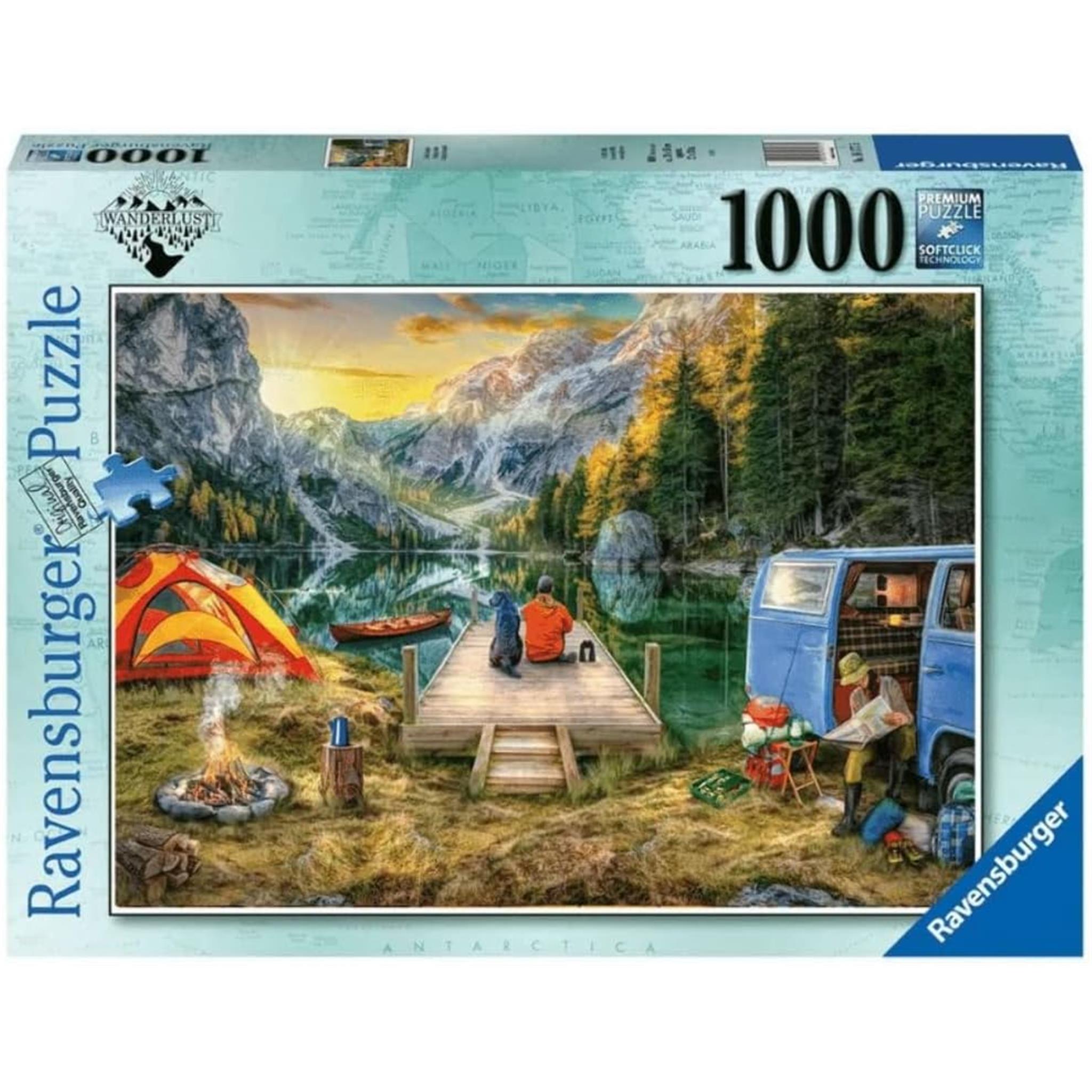 A 1000-piece Ravensburger jigsaw puzzle box featuring a serene camping scene with mountains, a lake, and a vintage camper.