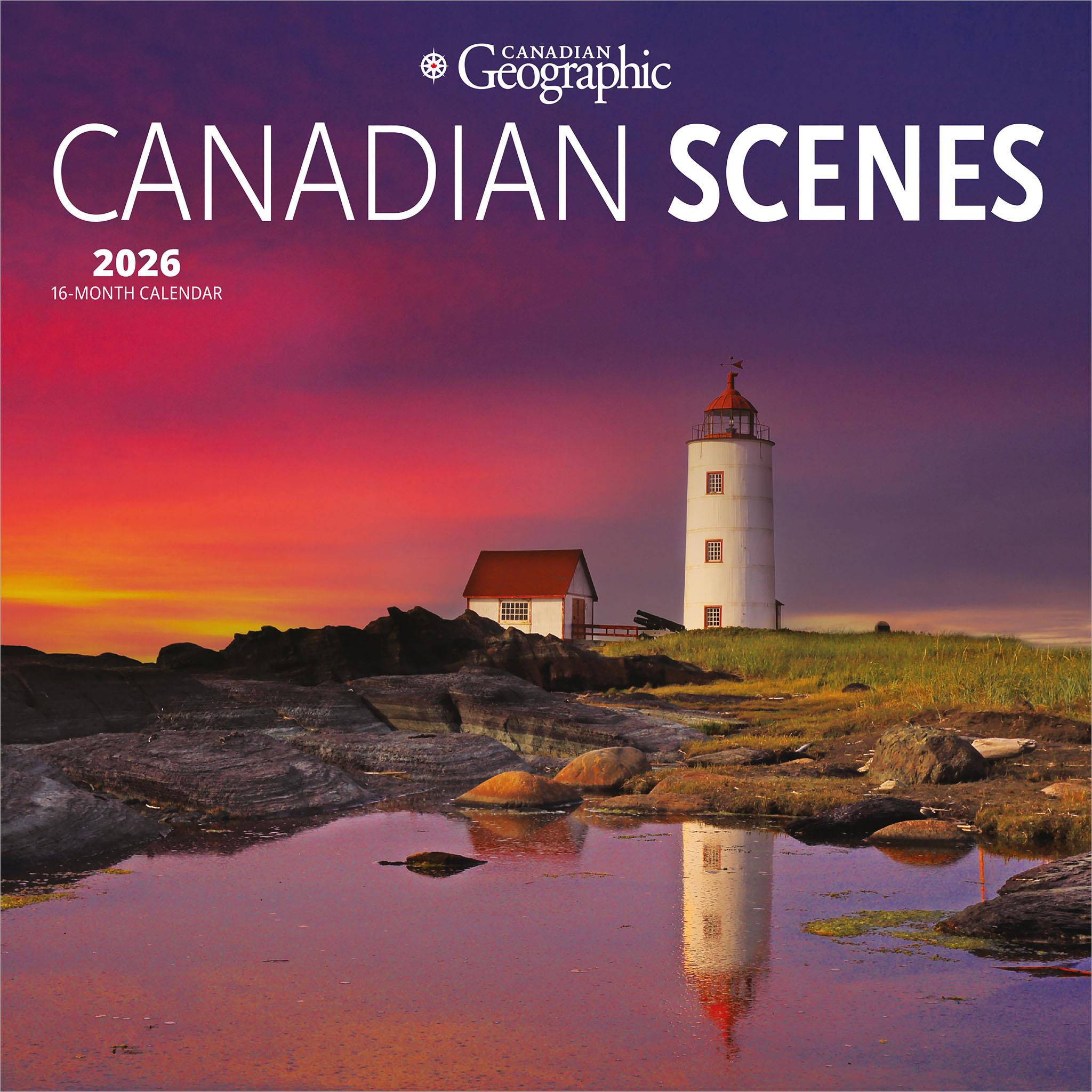 Cover of the Canadian Geographic Canadian Scenes 2026 Mini Calendar featuring a lighthouse at sunset.