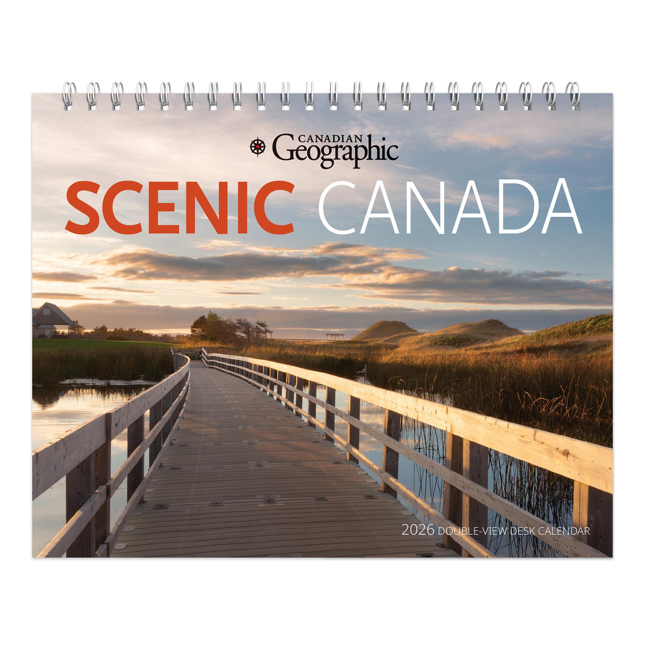 Cover of the Canadian Geographic Scenic Double View 2026 Easel Calendar featuring a wooden boardwalk with a scenic view in the background.