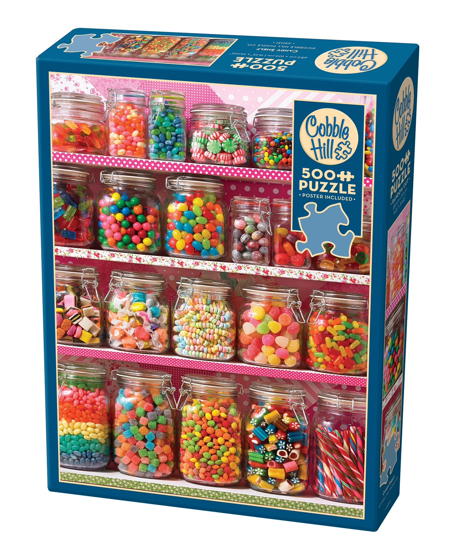 A 500 piece Cobble Hill puzzle box featuring a colorful image of various candies displayed in jars on a shelf.