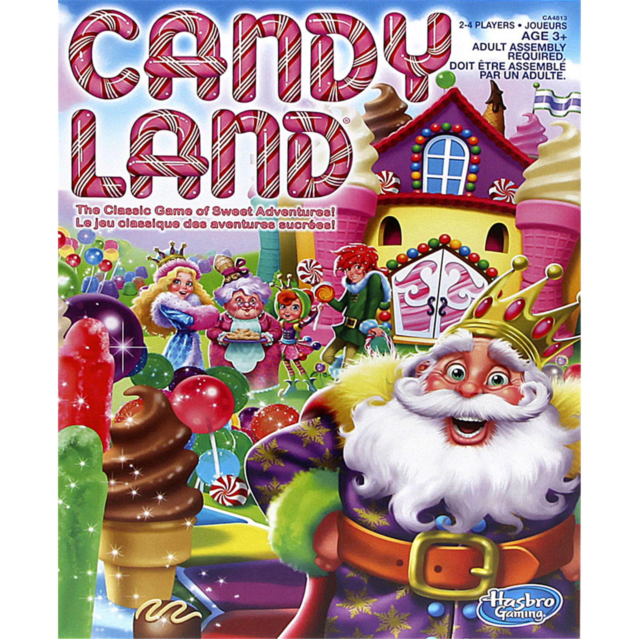 Cover of the Candyland Board Game featuring a colorful illustration with candy elements and a gingerbread man character.