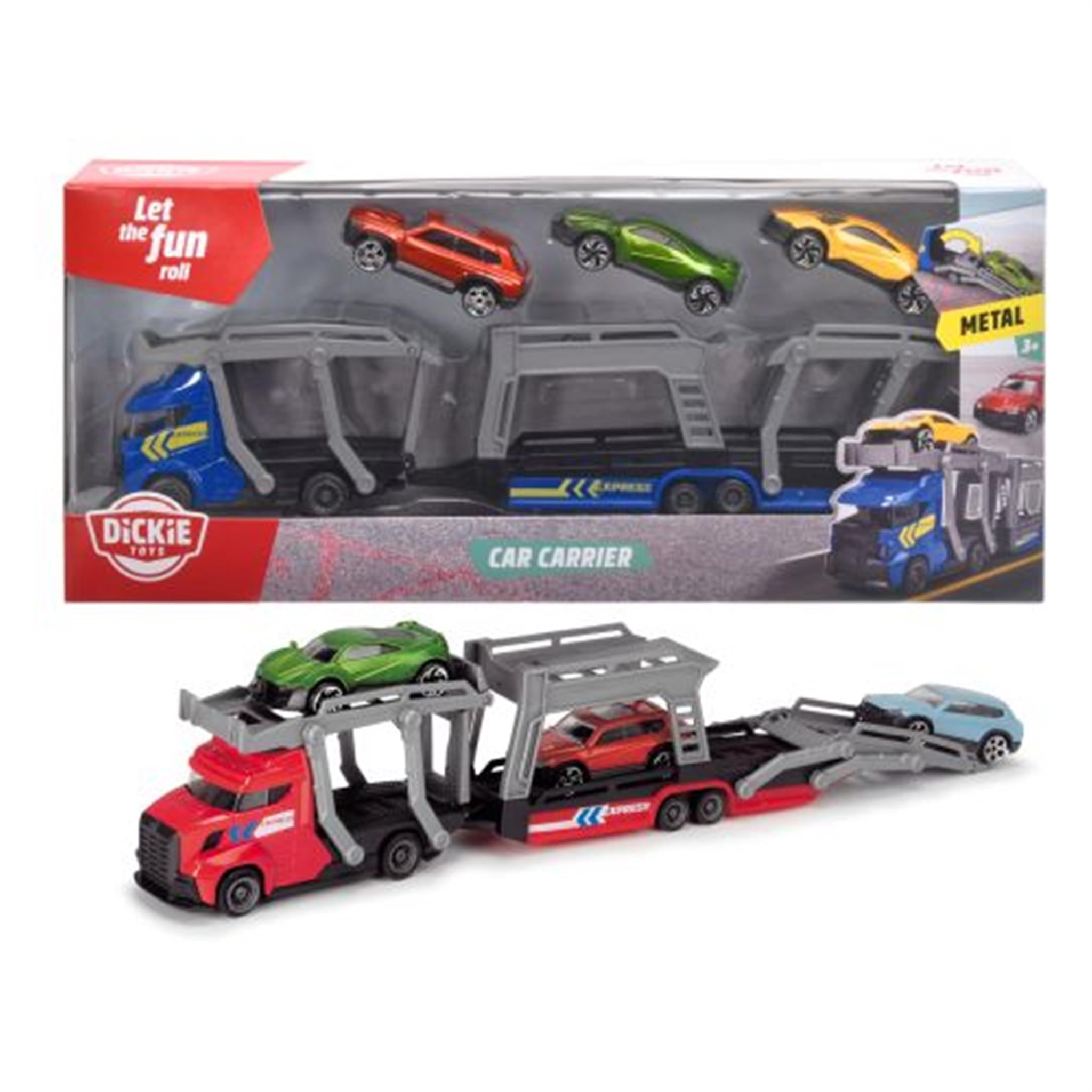 A Dickie Toys car carrier playset with three metal cars loaded on it, displayed in its packaging which has 'Let the fun roll' text.