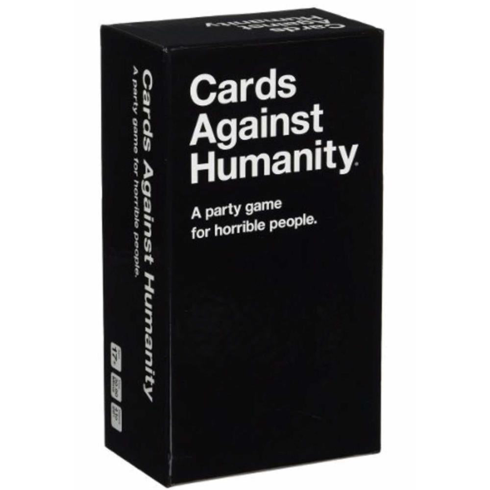 Box packaging for the card game 'Cards Against Humanity' with white text on a black background.