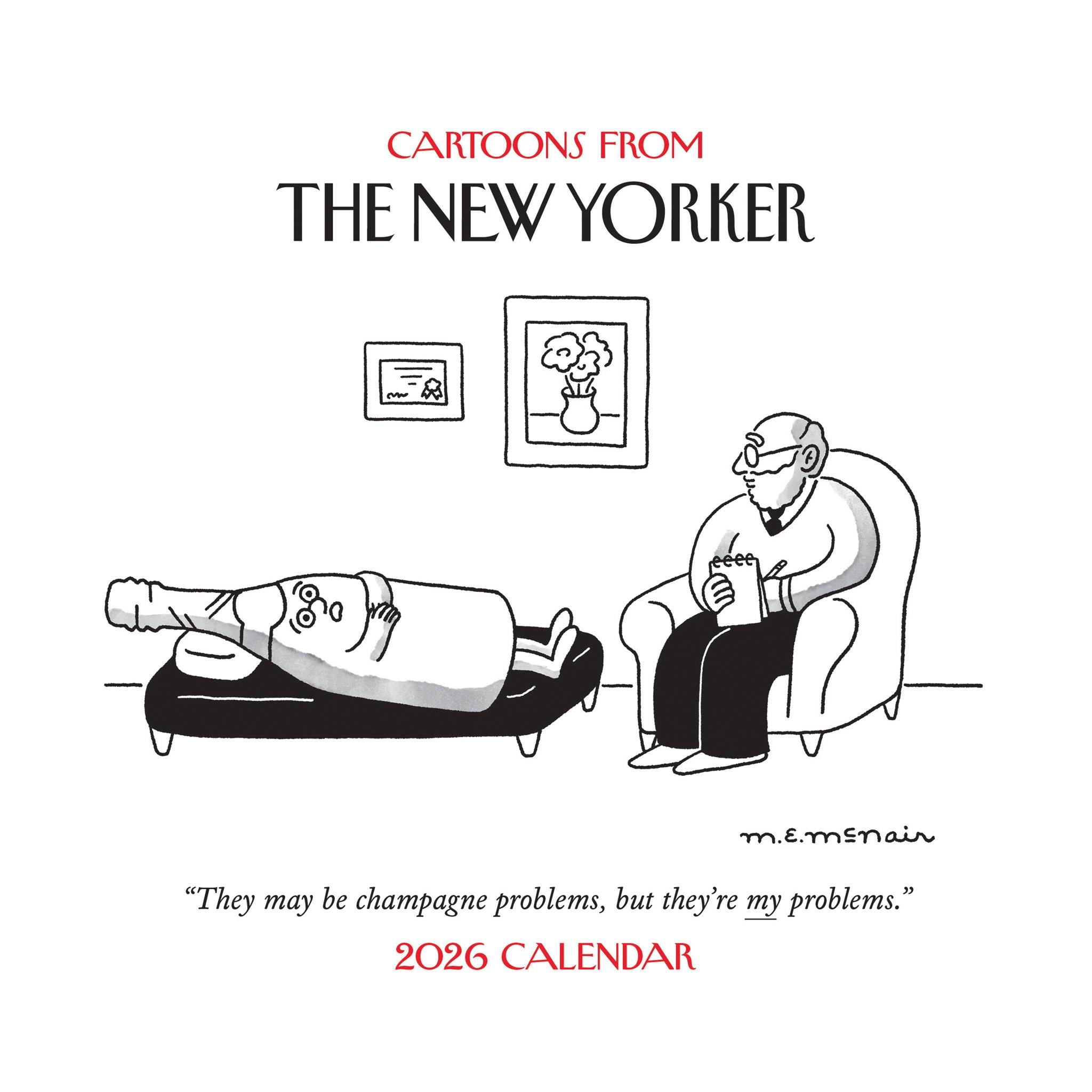 Cartoon from The New Yorker featuring a character lying on a couch with a cartoonist sitting in a chair, with the title 'Cartoons From THE NEW YORKER 2026 Calendar' above.