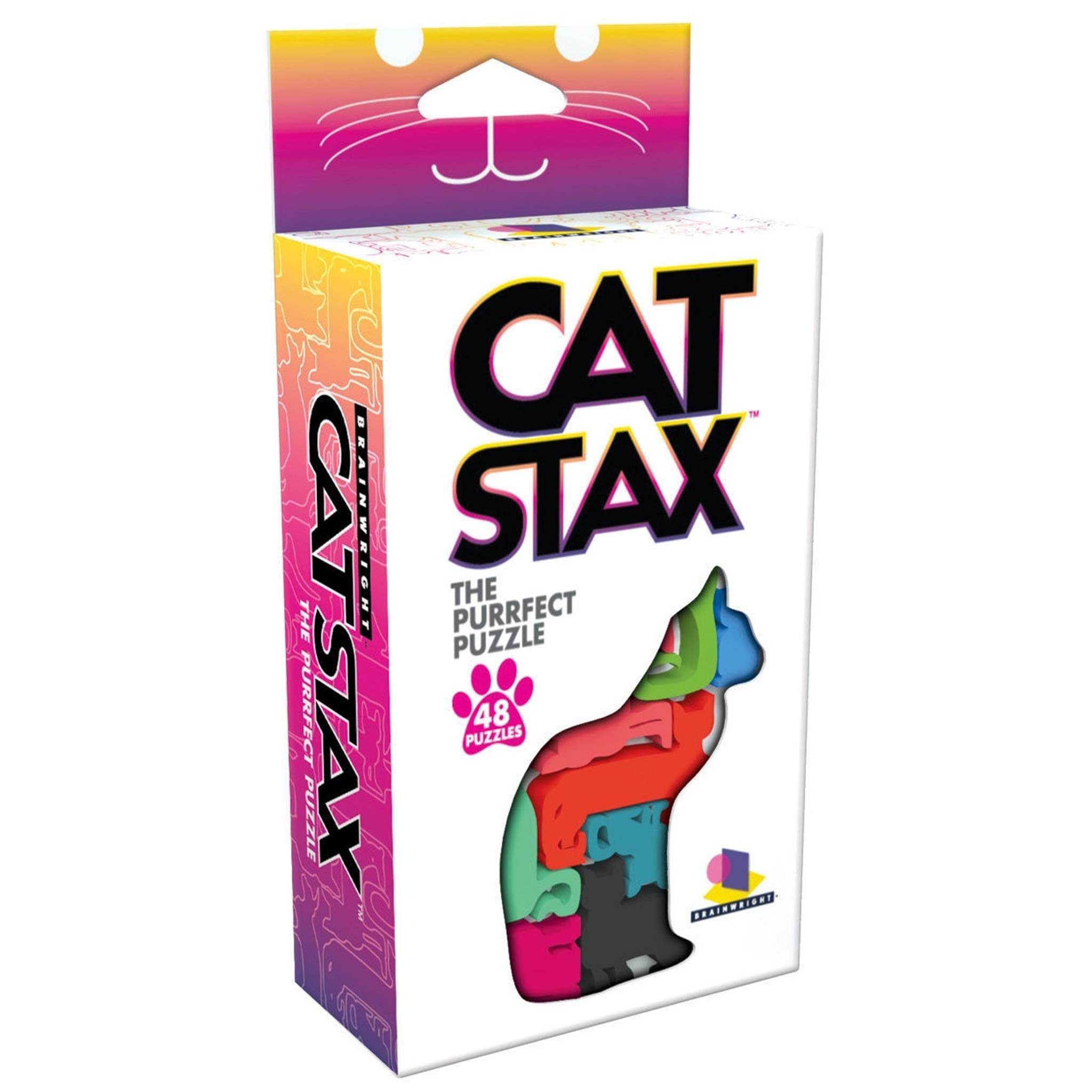 The product image shows the packaging of 'Cat Stax' which resembles a cat silhouette with various colored puzzle pieces fitted into it. The box has a white background with multicolor elements and text.
