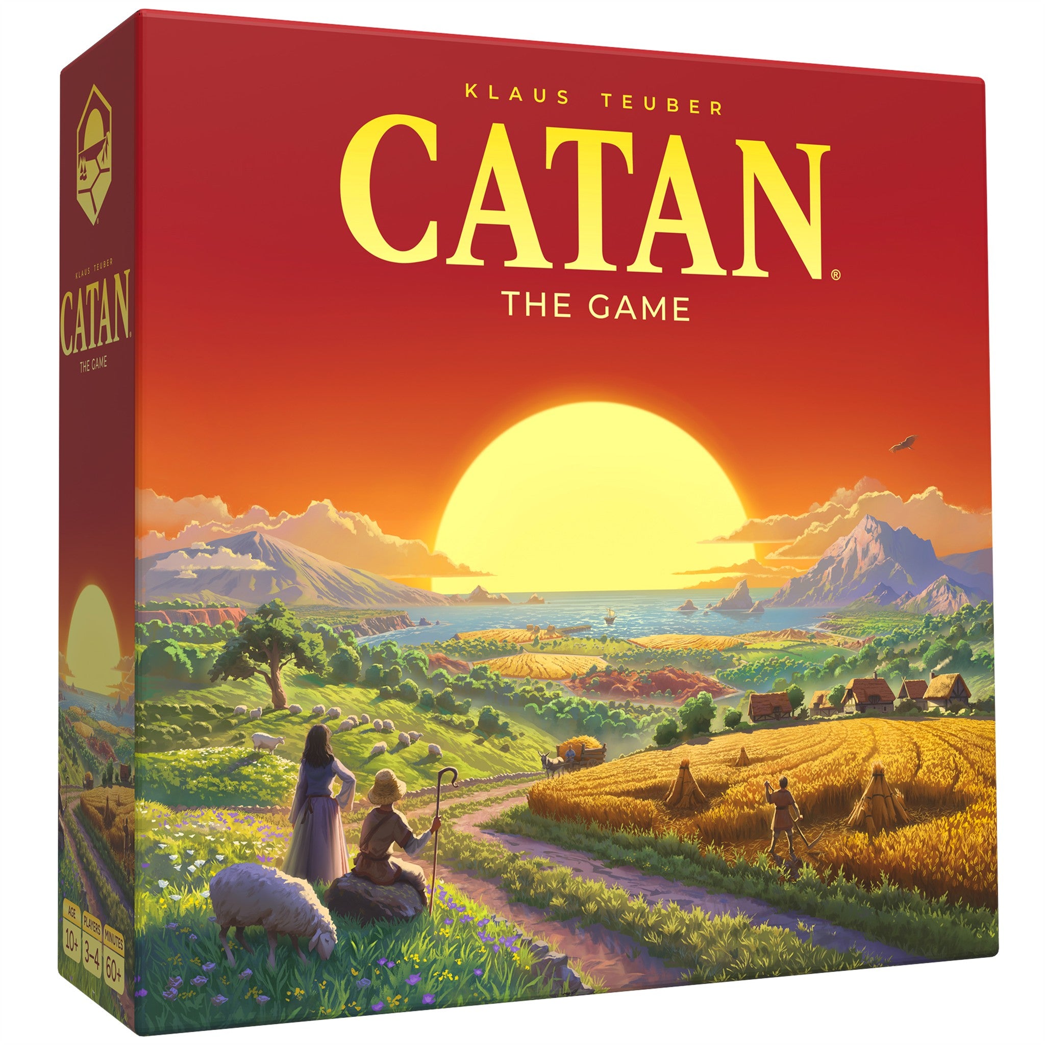 Box cover for the board game Catan, featuring a cartoon illustration of the game's theme with players and a landscape.