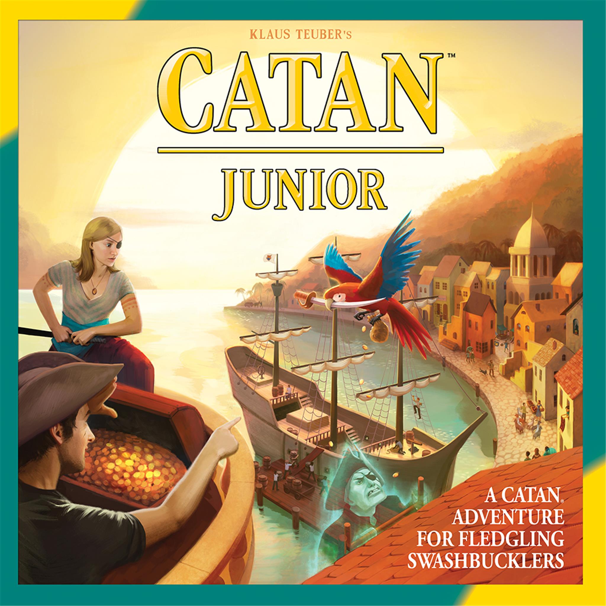 Cover art for Catan Junior board game showing a illustration of a fantasy world with cities, a boat, and a dragon.