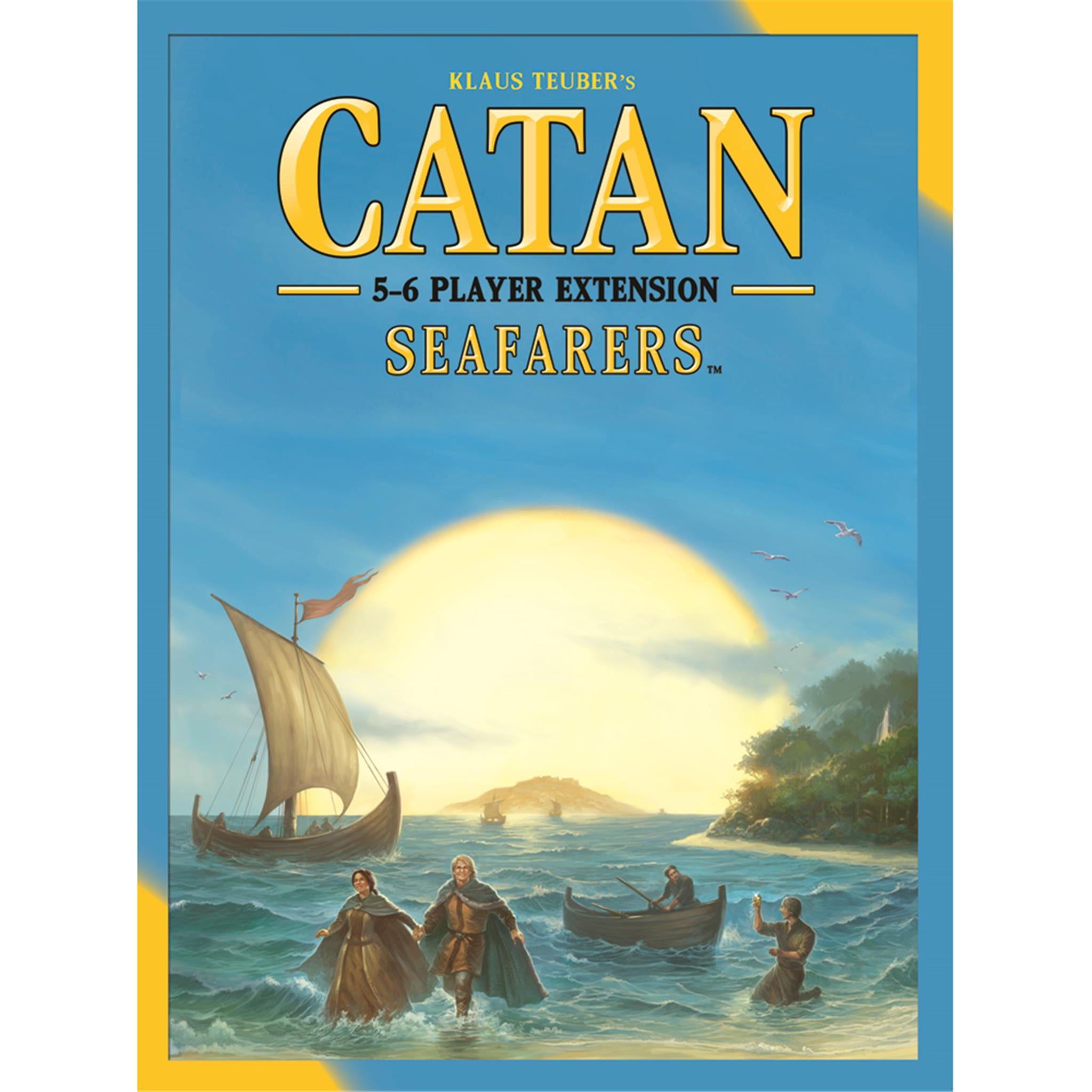Cover art for Catan Seafarers 5 6 Player Extension showing a scene with boats and characters on a island near the sea during sunset.