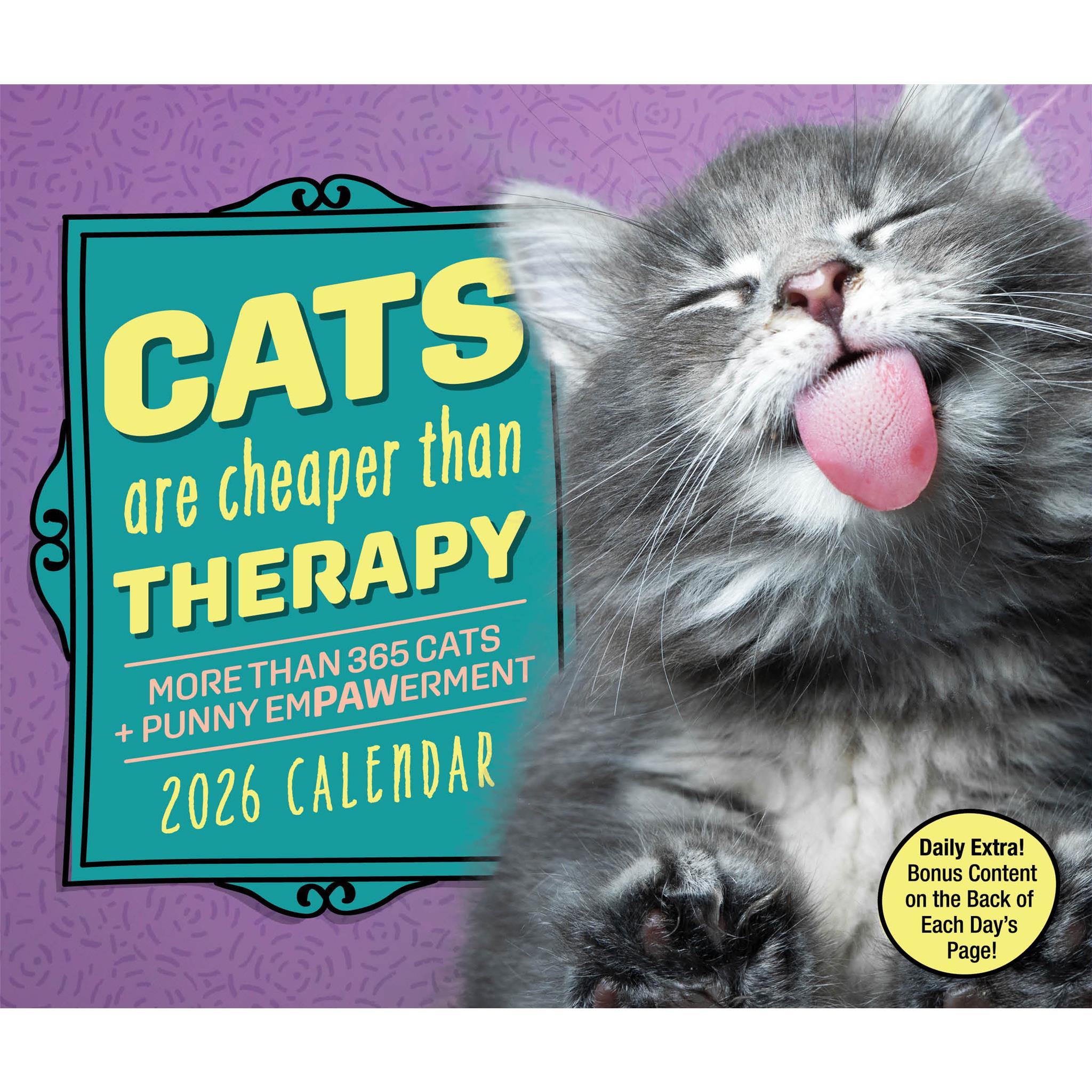 A box calendar for 2026 with a photo of a grey cat sticking out its tongue, and title text 'Cats are cheaper than therapy' on the front cover.