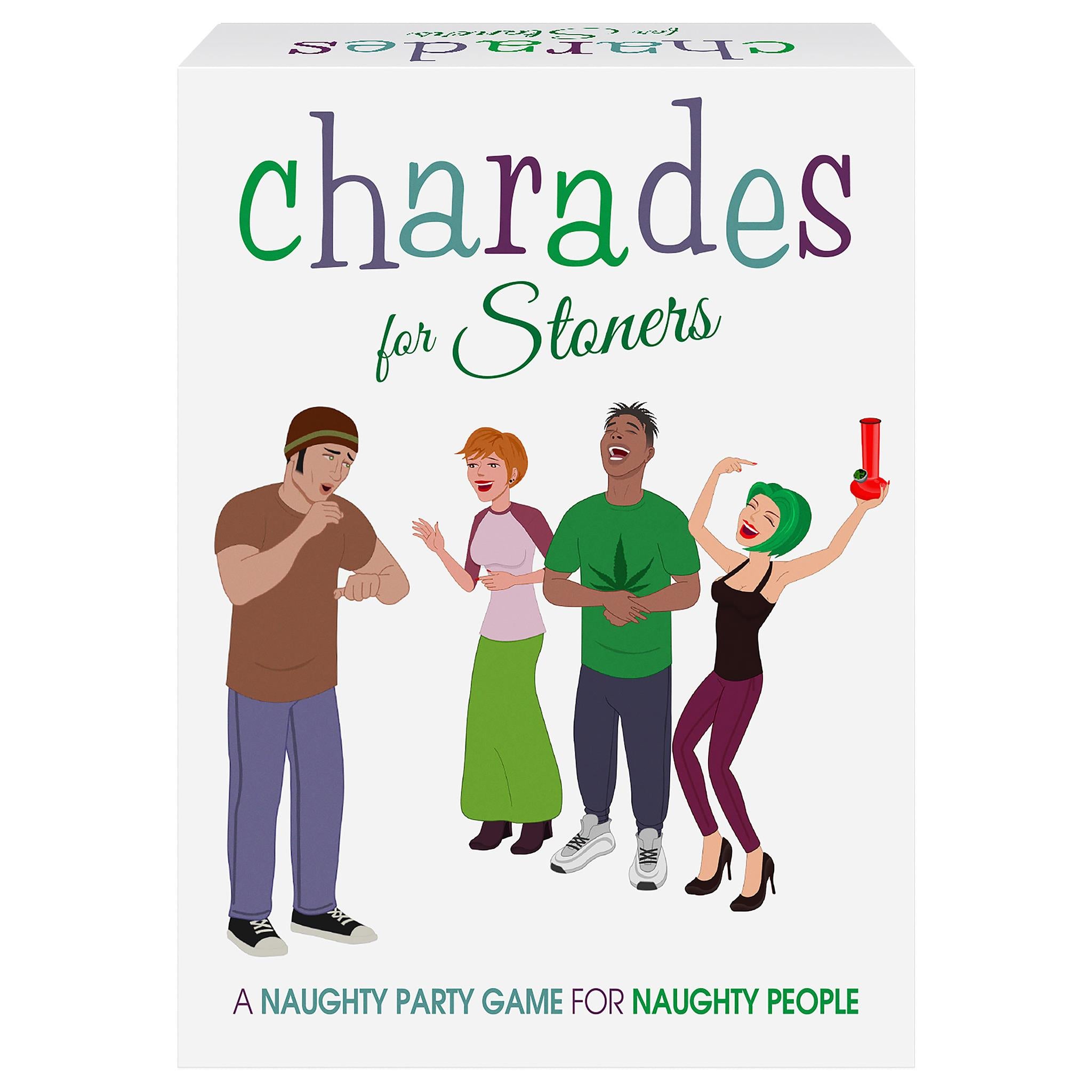 The image shows the packaging of the party game 'Charades for Stoners'. The cover features cartoon illustrations of four people playing the game, with one person holding a red bong, and the title text is prominently displayed at the top.
