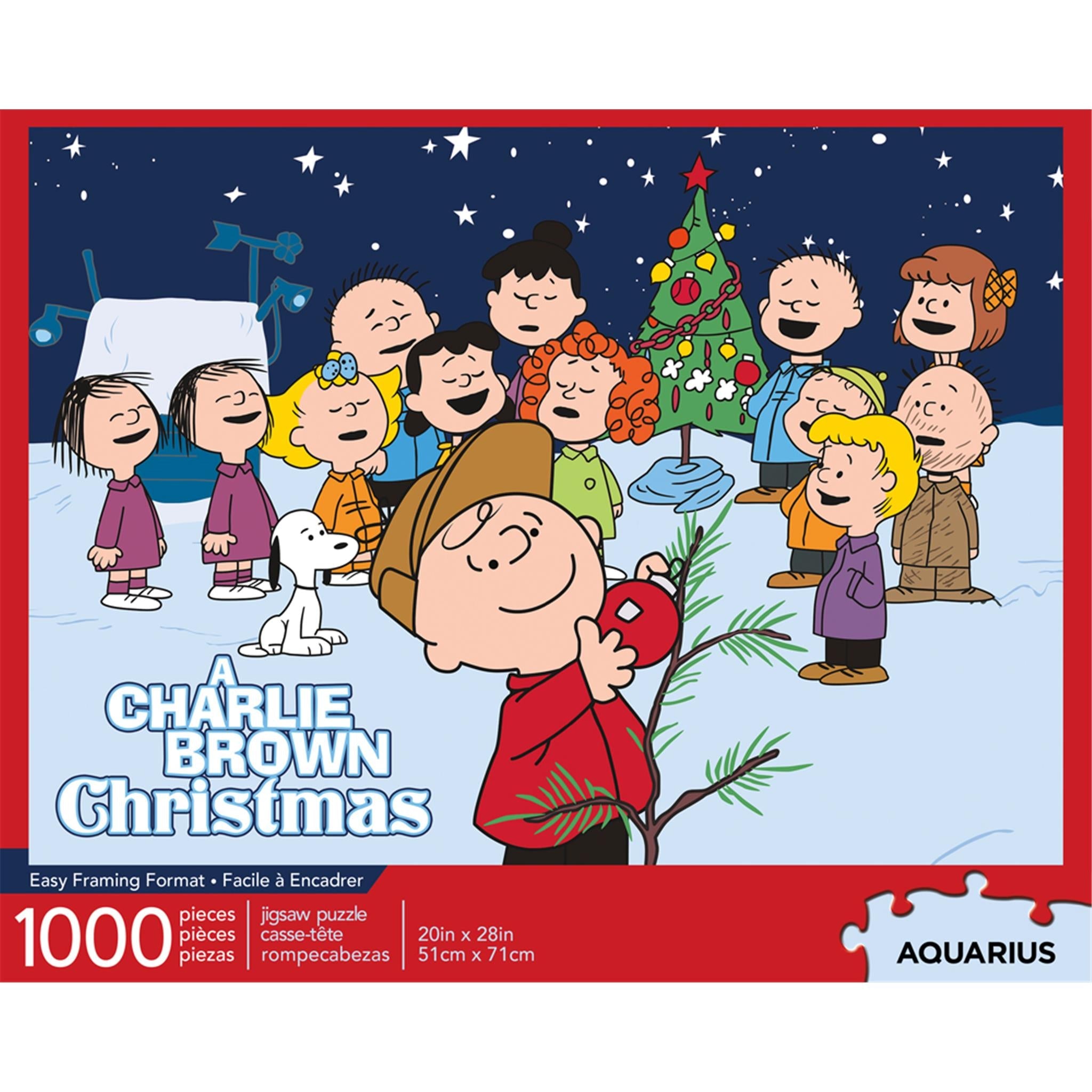 A 1000 piece puzzle depicting the Peanuts cast from 'Charlie Brown Christmas' gathered around a Christmas tree.