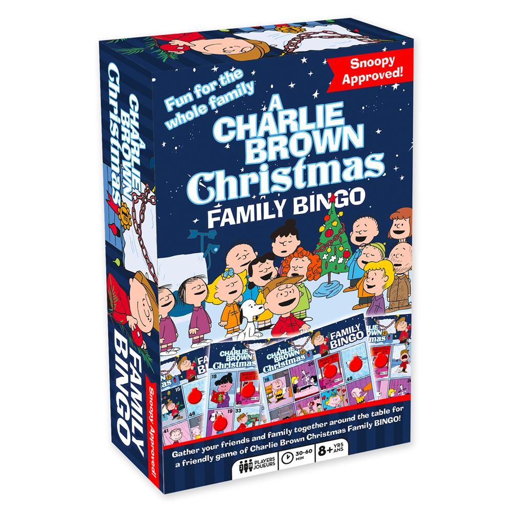 A box of 'Charlie Brown Christmas Family Bingo' game featuring cartoon characters from the Peanuts comic strip on the cover.