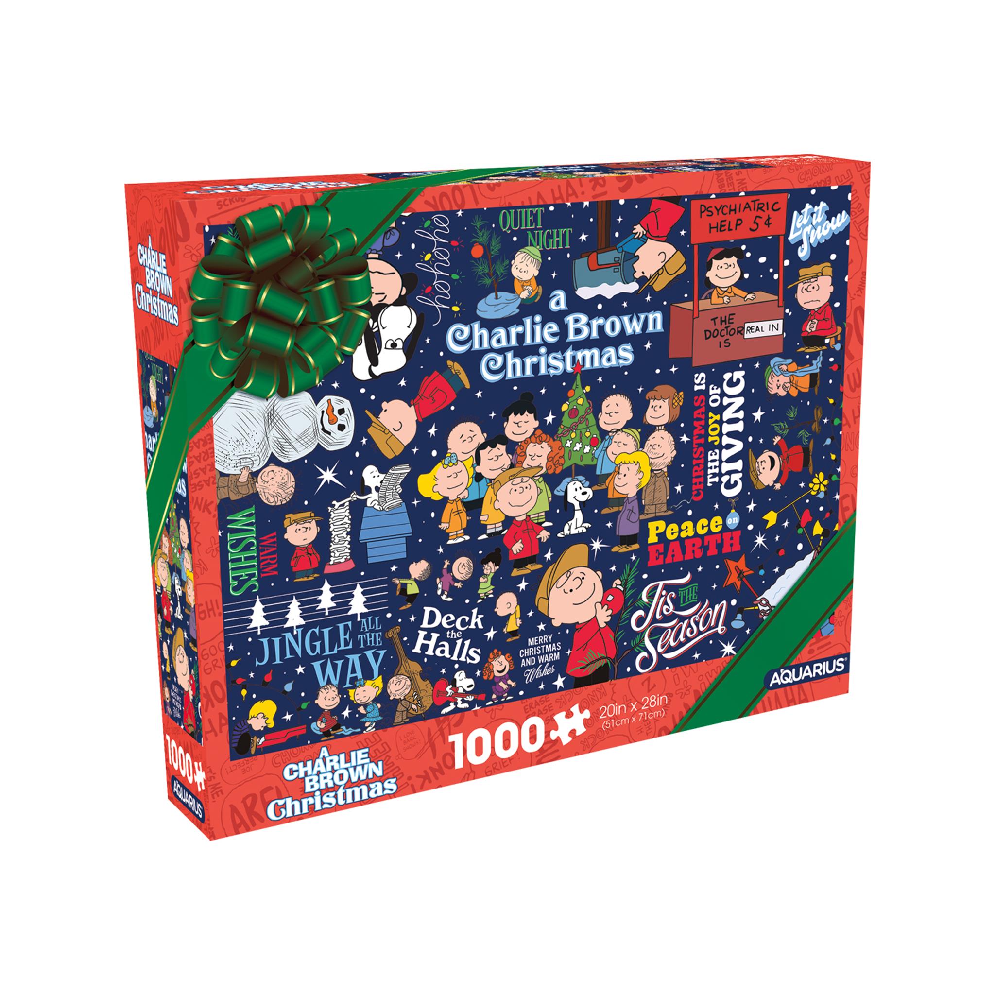 Charlie Brown Christmas themed 1000 piece jigsaw puzzle box featuring cartoon characters and holiday motifs.