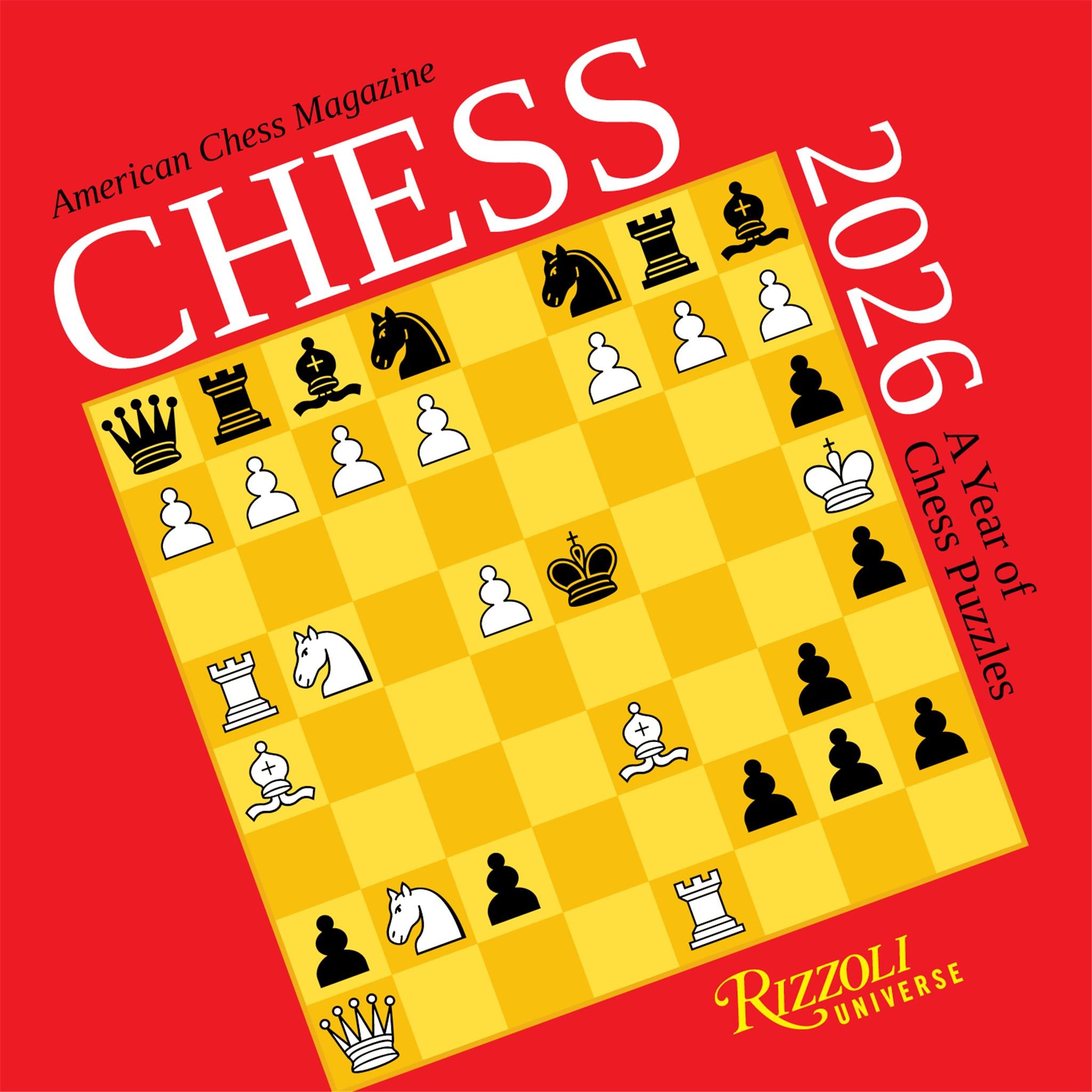 Chess 2026 box calendar featuring a chess board with pieces on it, set against a red background with the text 'American Chess Magazine CHESS 2026' and the Rizzoli Universe logo.