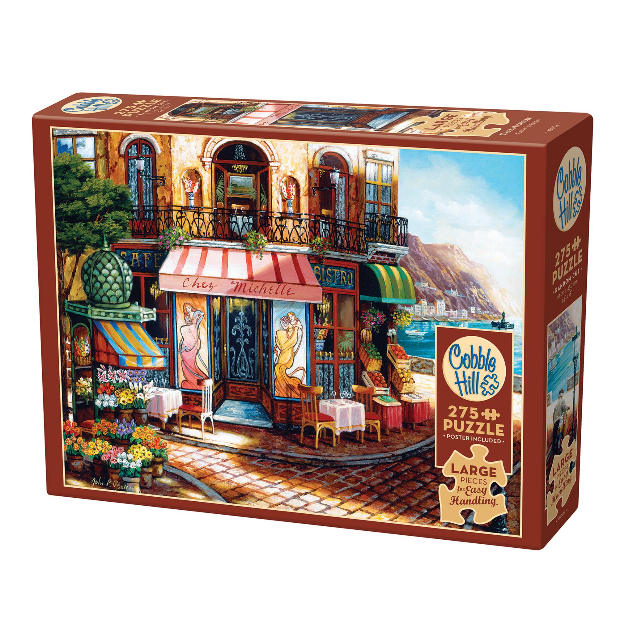A 275 piece Cobble Hill jigsaw puzzle box featuring an illustration of a quaint French bistro.