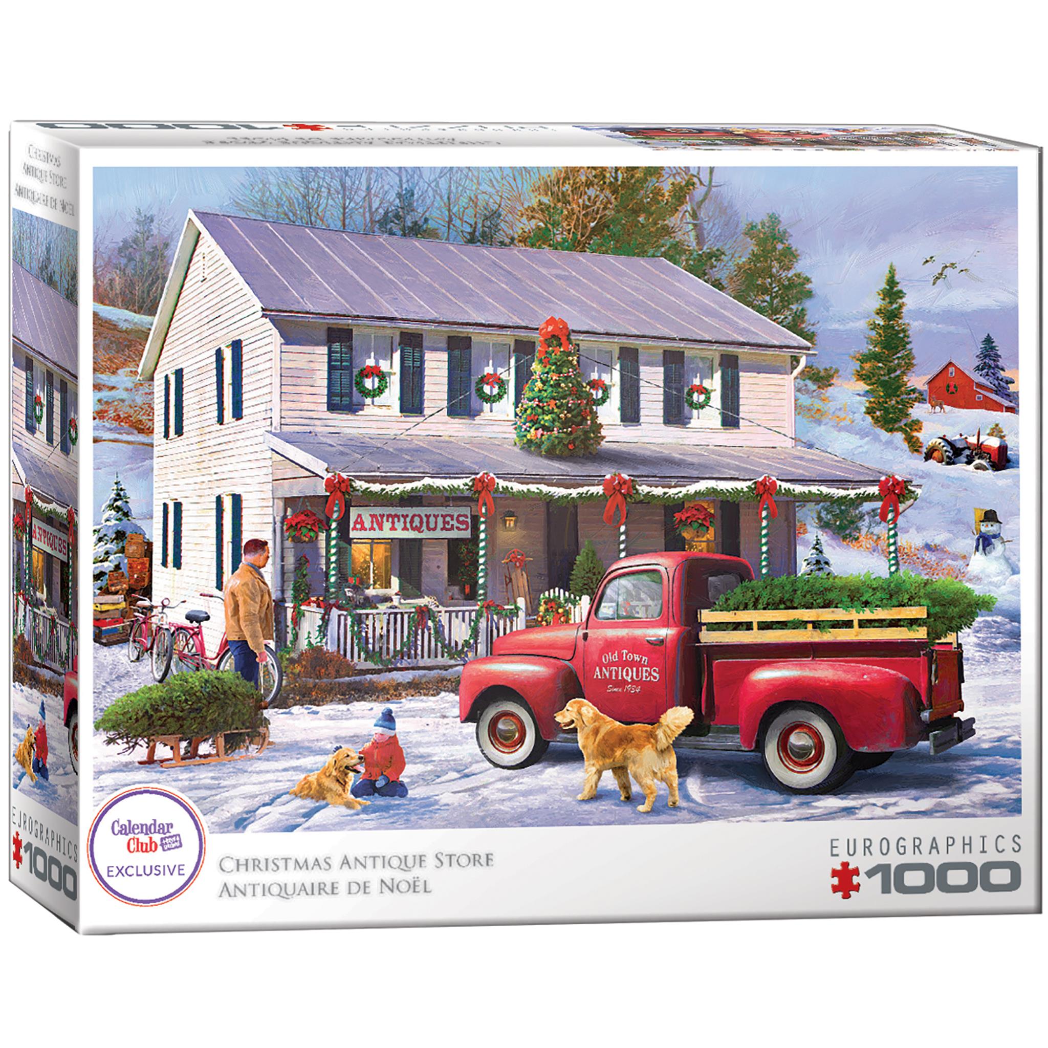 A 1000 piece jigsaw puzzle box featuring a Christmas scene with an antique store, a red pickup truck, and a dog.
