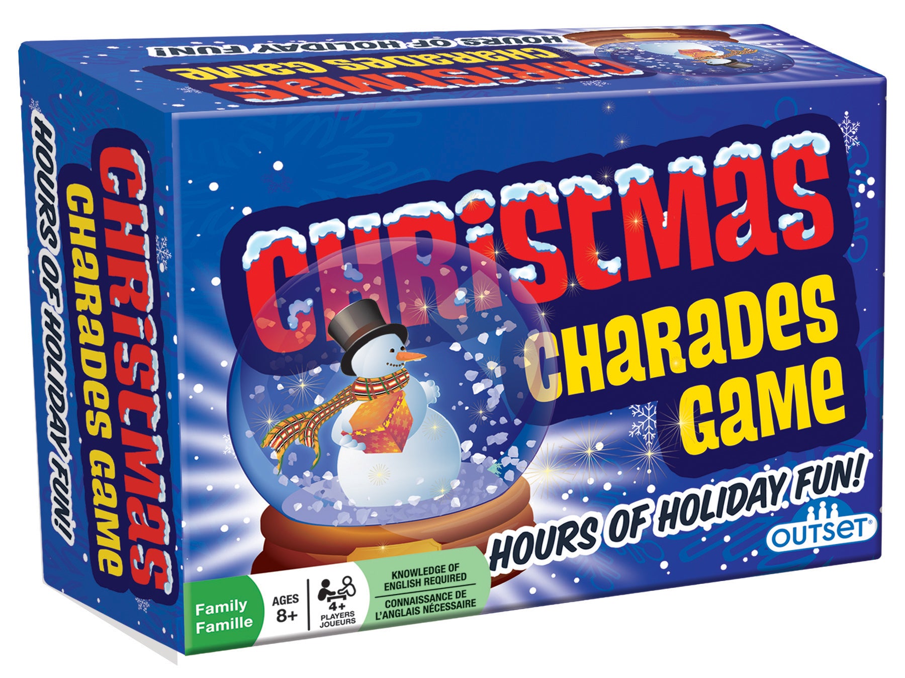 Boxed Christmas Charades game featuring a snow globe with a snowman and holiday decorations, with blue, white, and red color scheme.