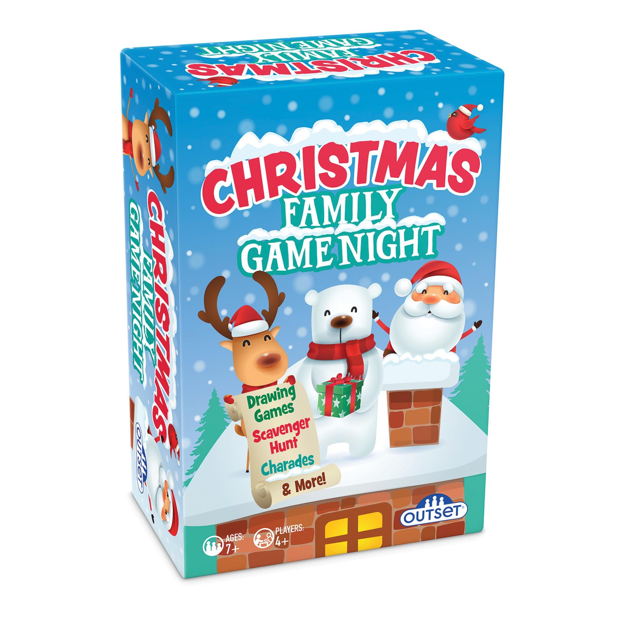 Boxed Christmas Family Game Night game featuring cartoon images of a reindeer, Santa Claus, and a snowman on the front.