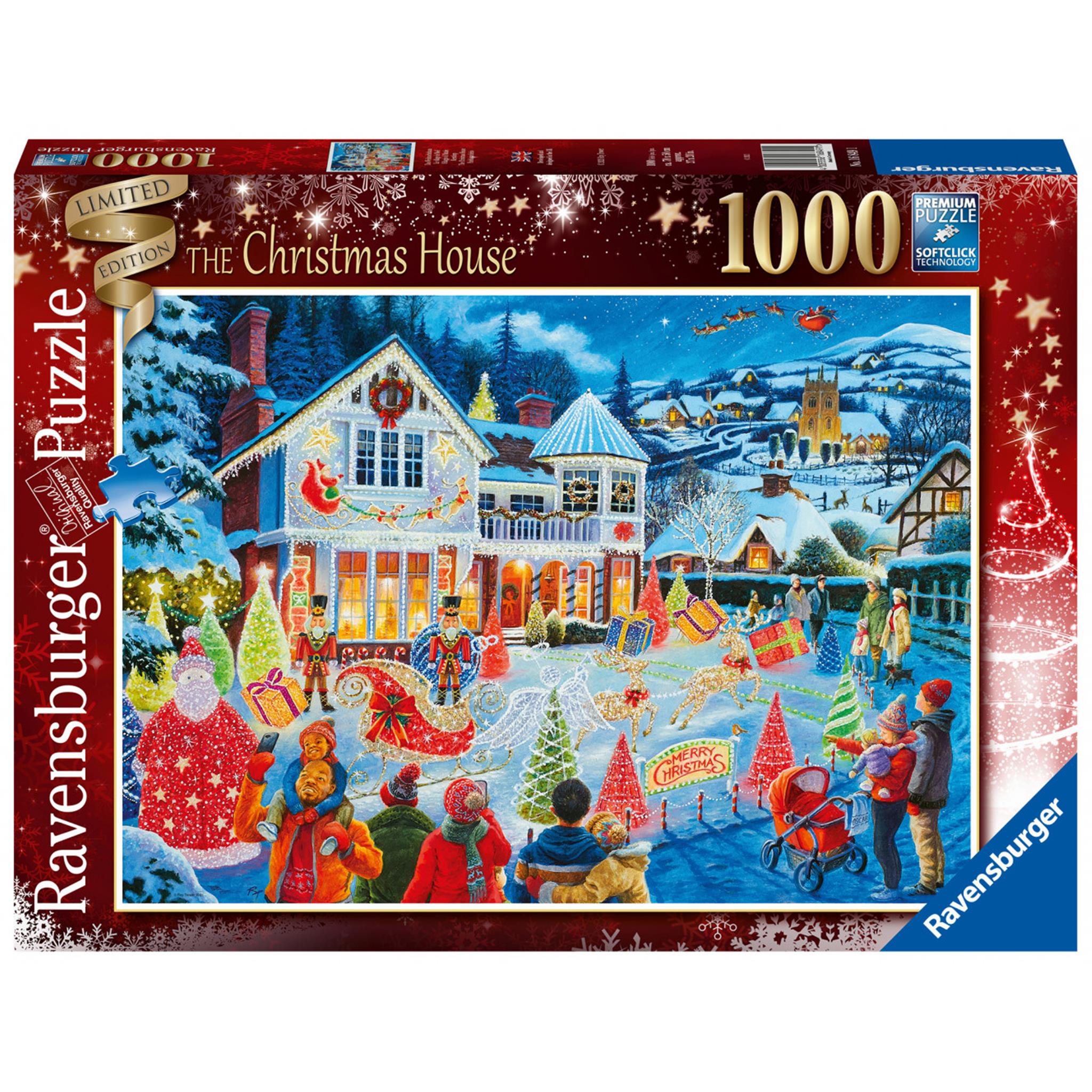 A 1000 piece Ravensburger puzzle box featuring an illustrated Christmas scene with people around a decorated house.