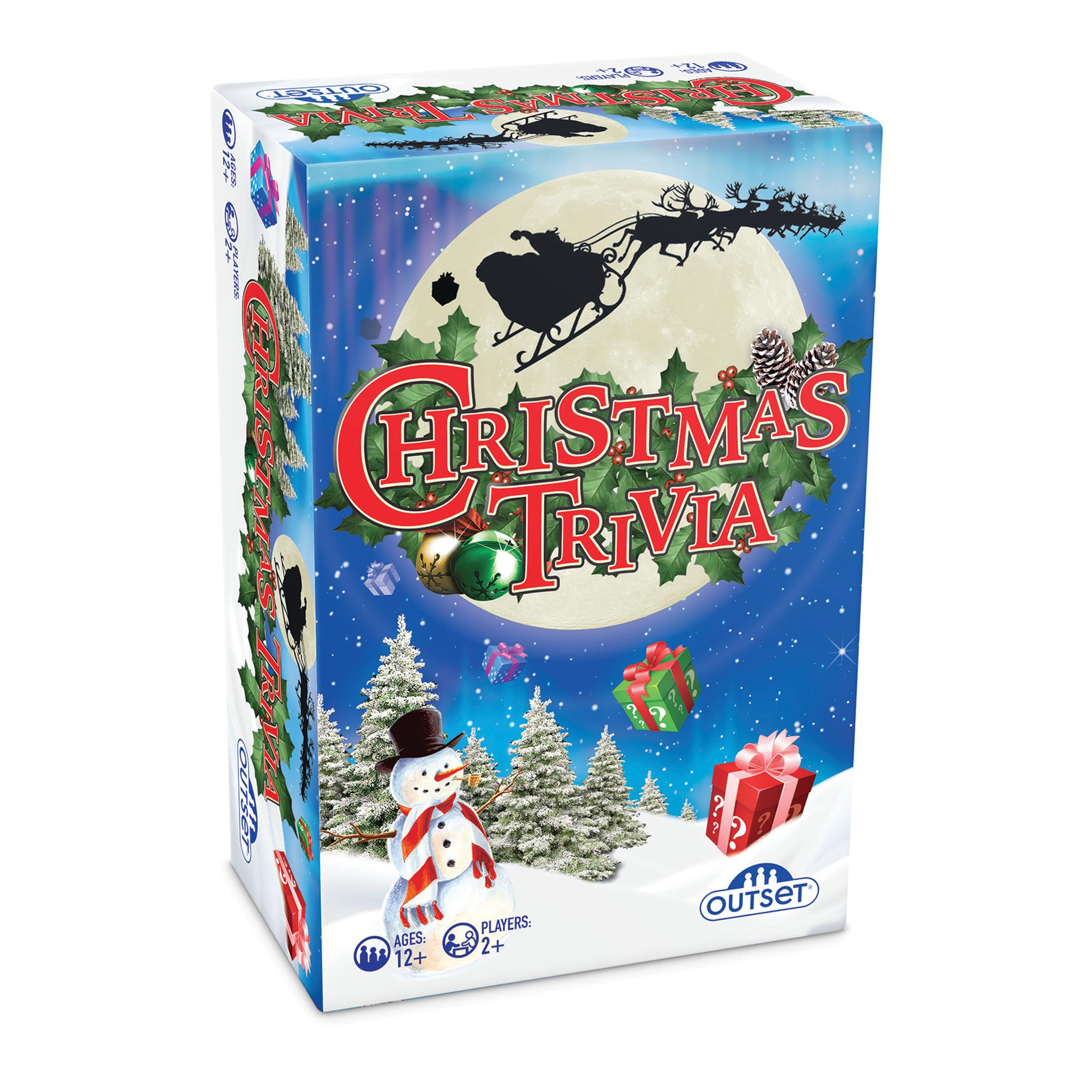 Game box cover for 'Christmas Trivia' featuring holiday-themed illustrations including Santa Claus, a reindeer, snowflakes, and Christmas trees against a night sky background.