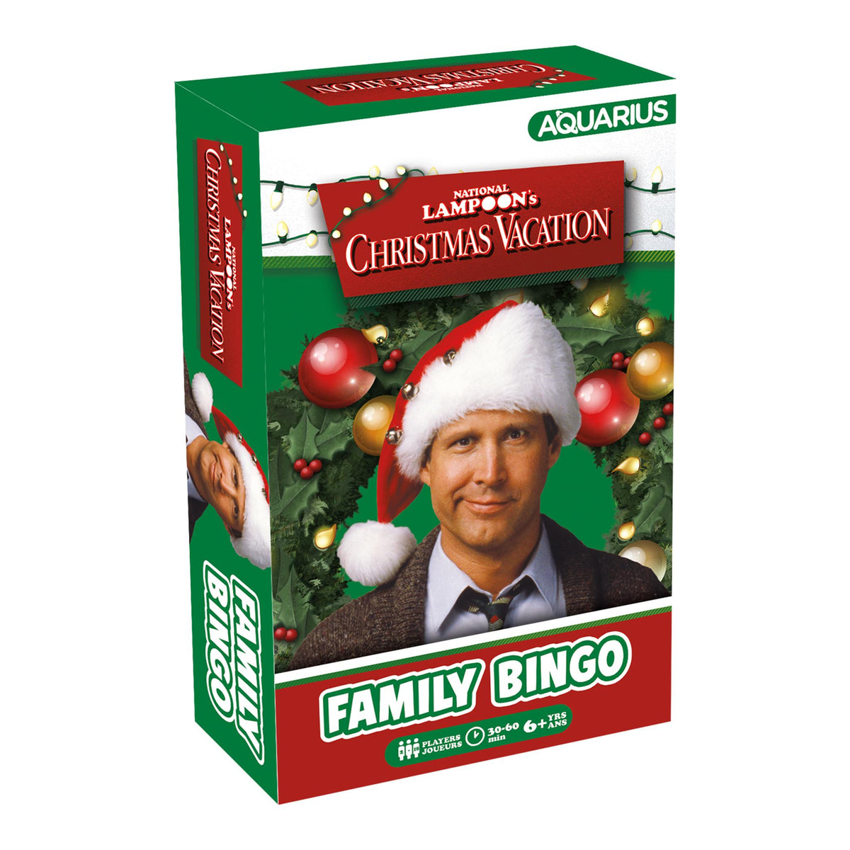 Boxed 'Christmas Vacation Family Bingo' game featuring an image of a man wearing a Santa hat with Christmas decorations in the background.